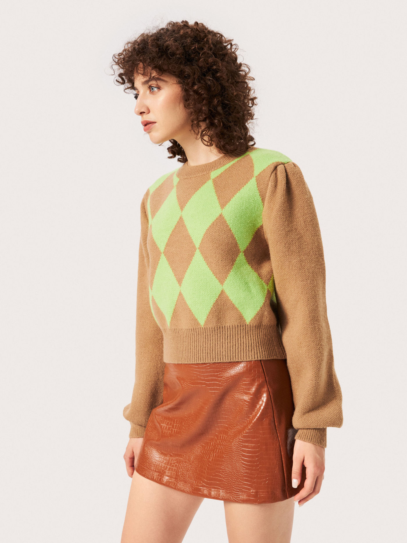 Wool-blend Argyle Print Knit Sweater