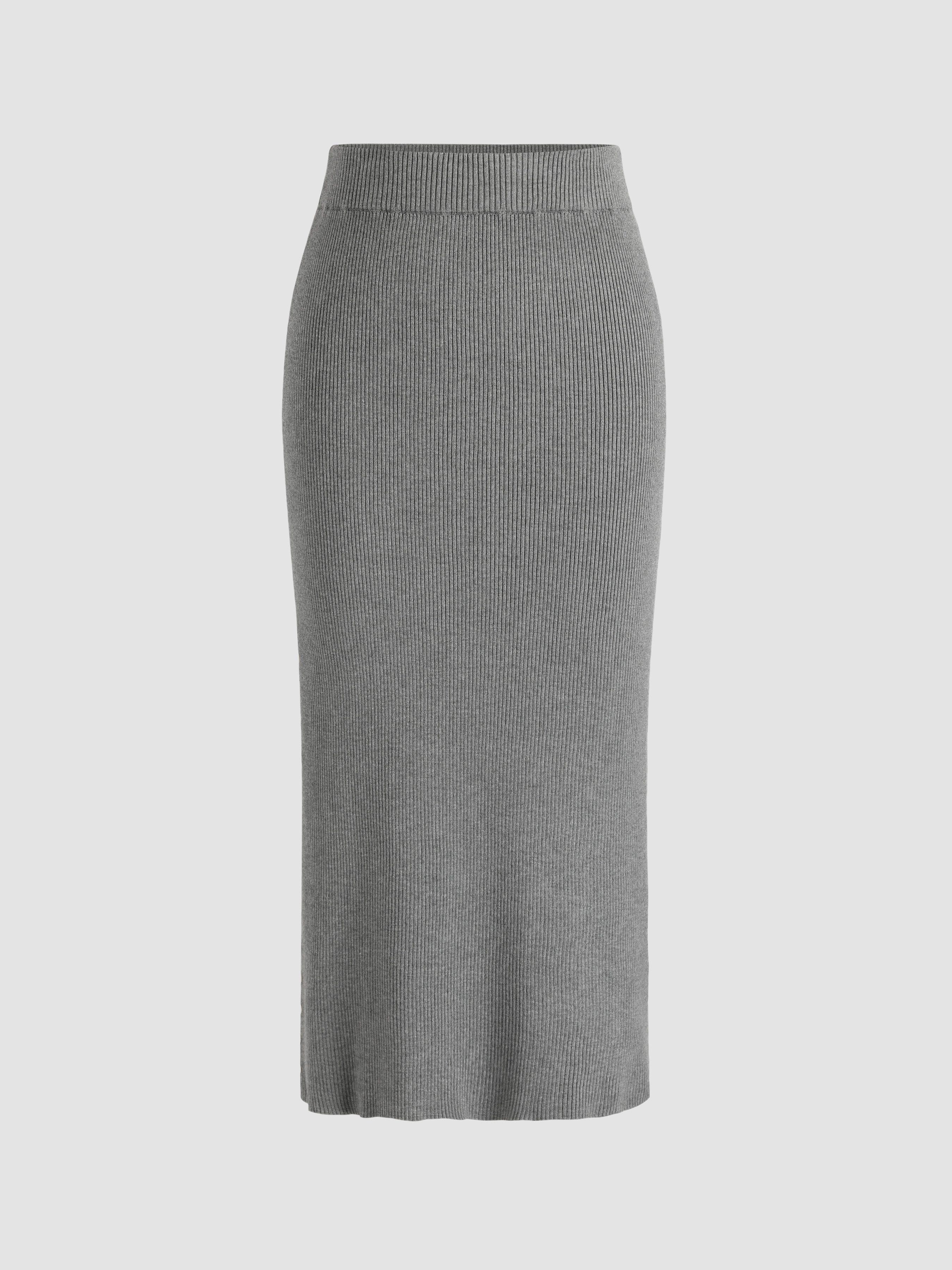 Solid Slit Knitted Midi Skirt For Daily Casual