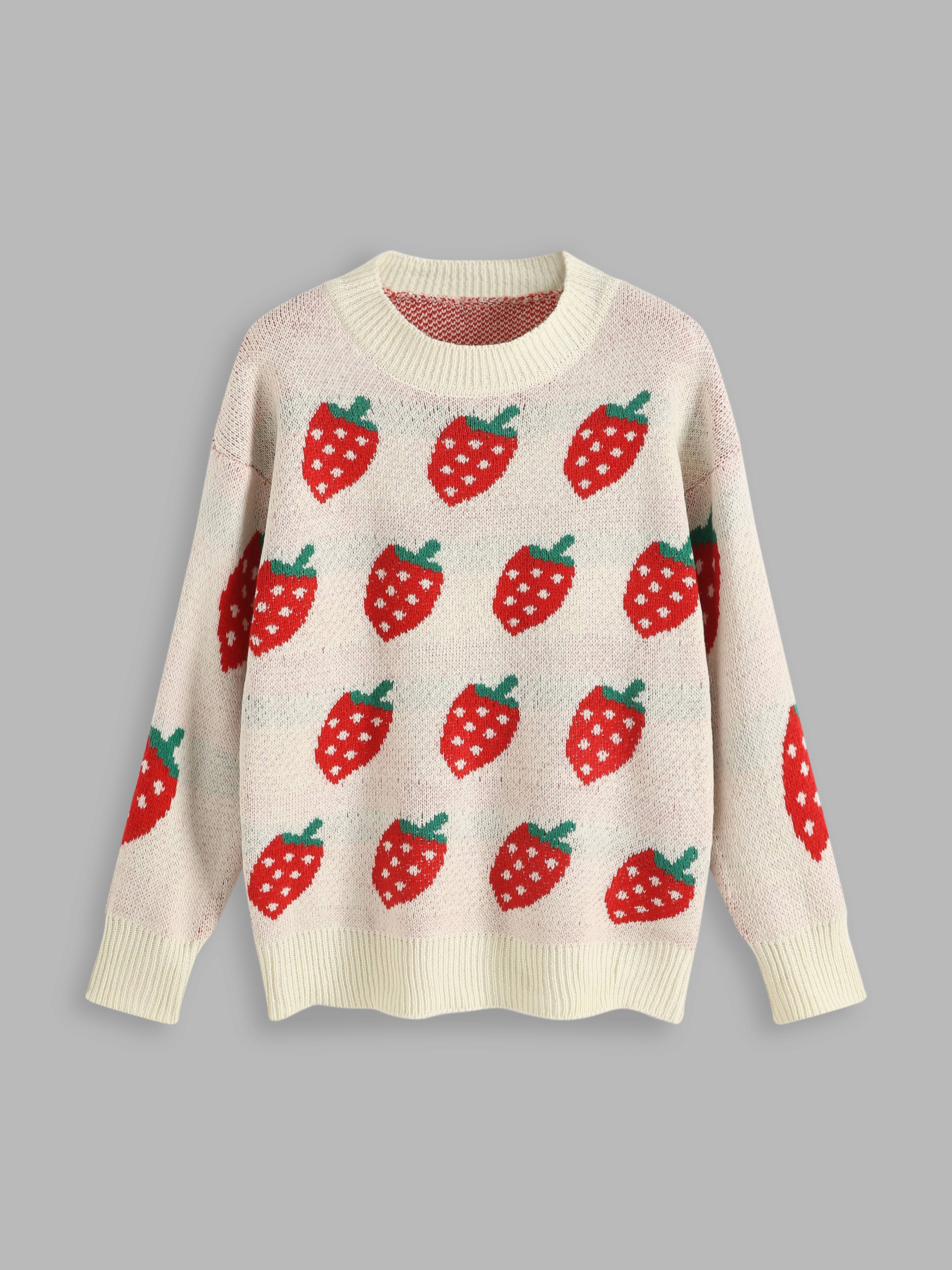 Cute Strawberry Print Sweater - Cider