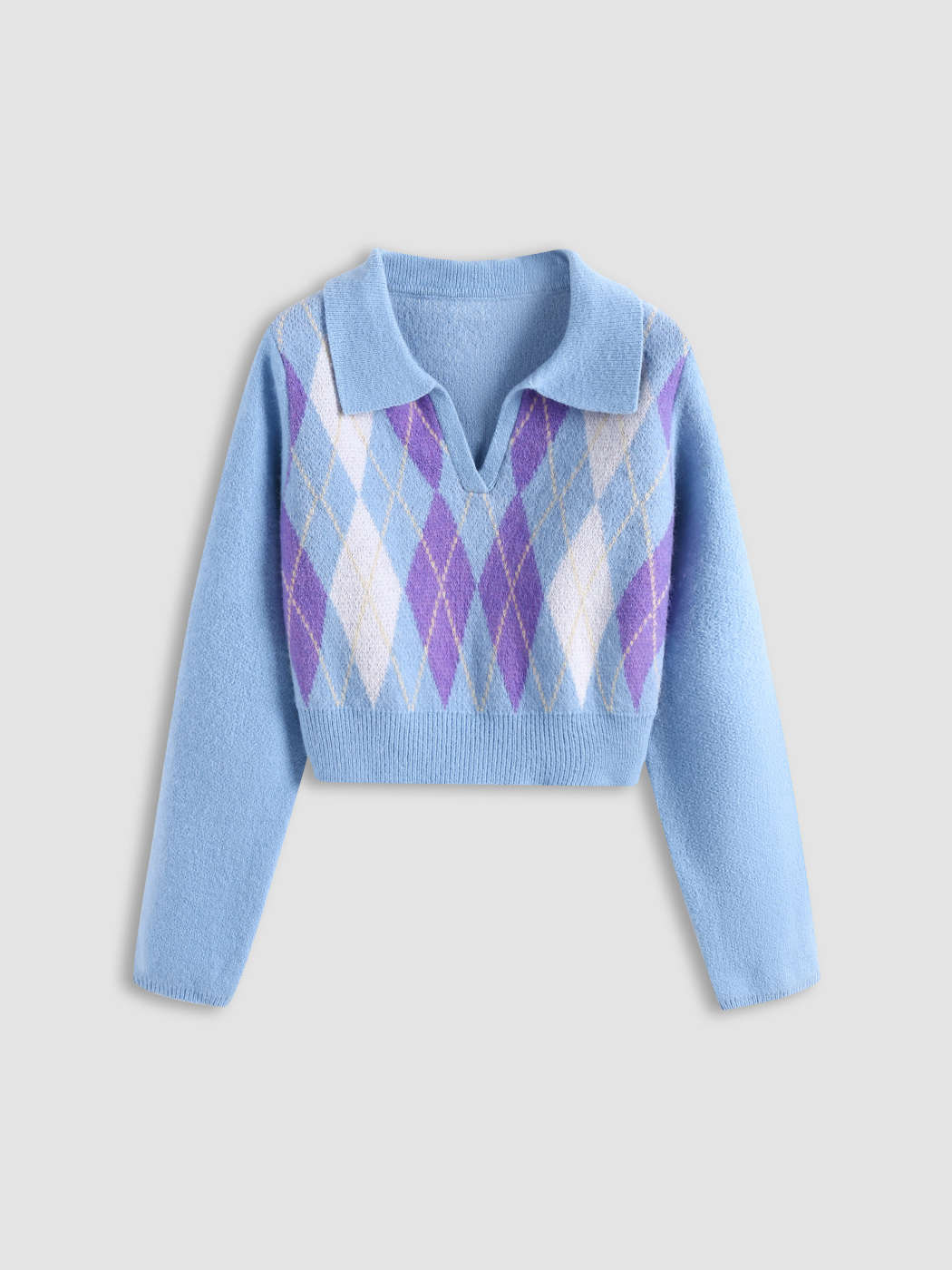 Blue Argyle Print Cropped Sweater For Date Coffee Shop Daily