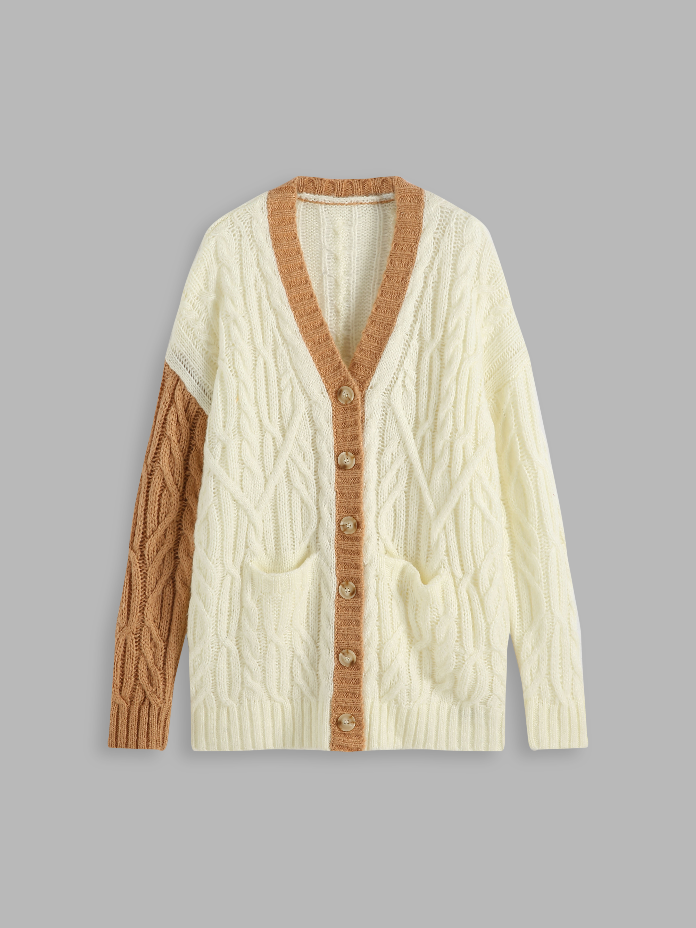 Knit Fabric Contrasting Trim Cable Knit Cardigan For Coffee Shop Daily ...