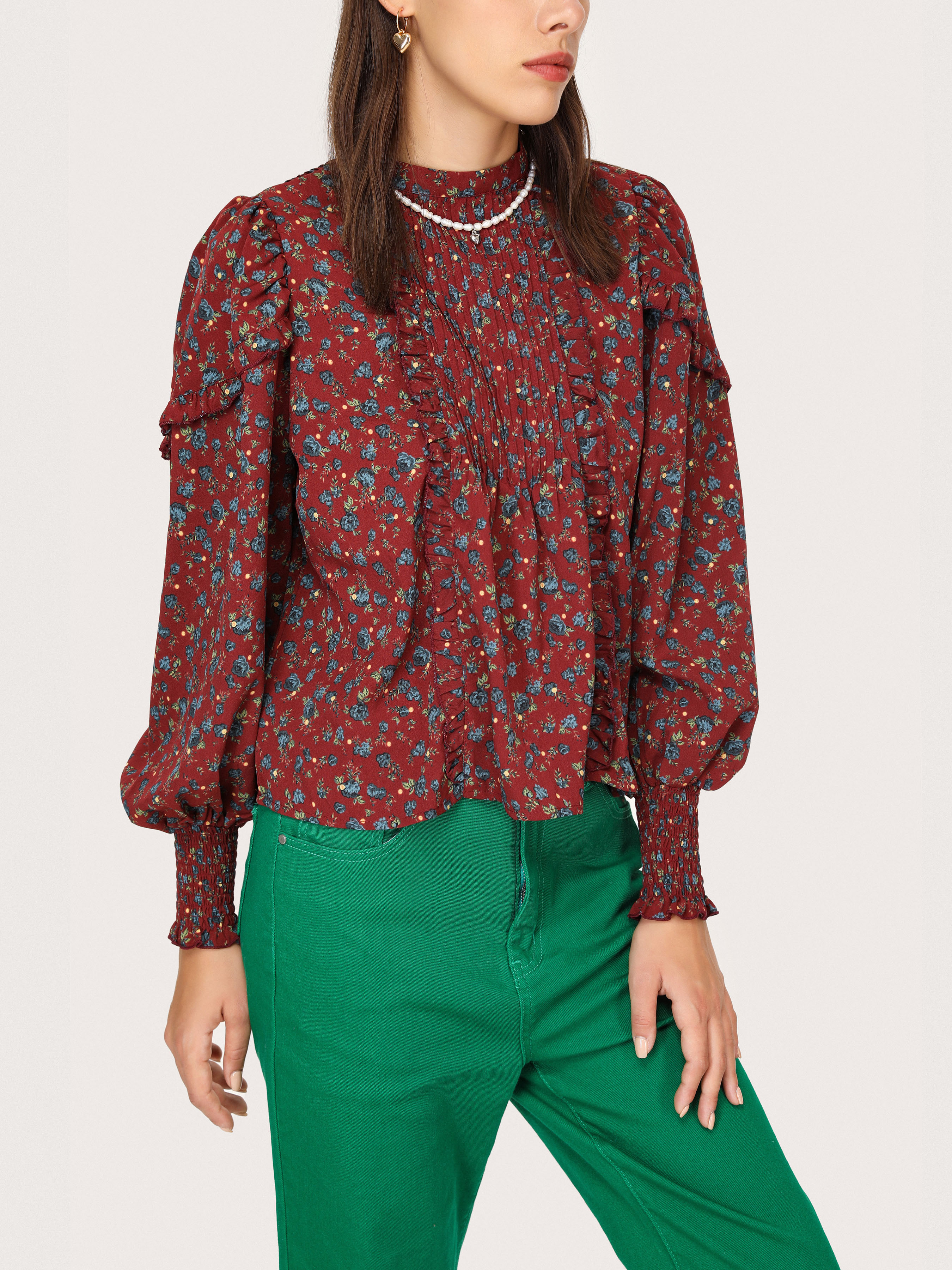 Classic Red Floral Long Sleeve Blouse Cider