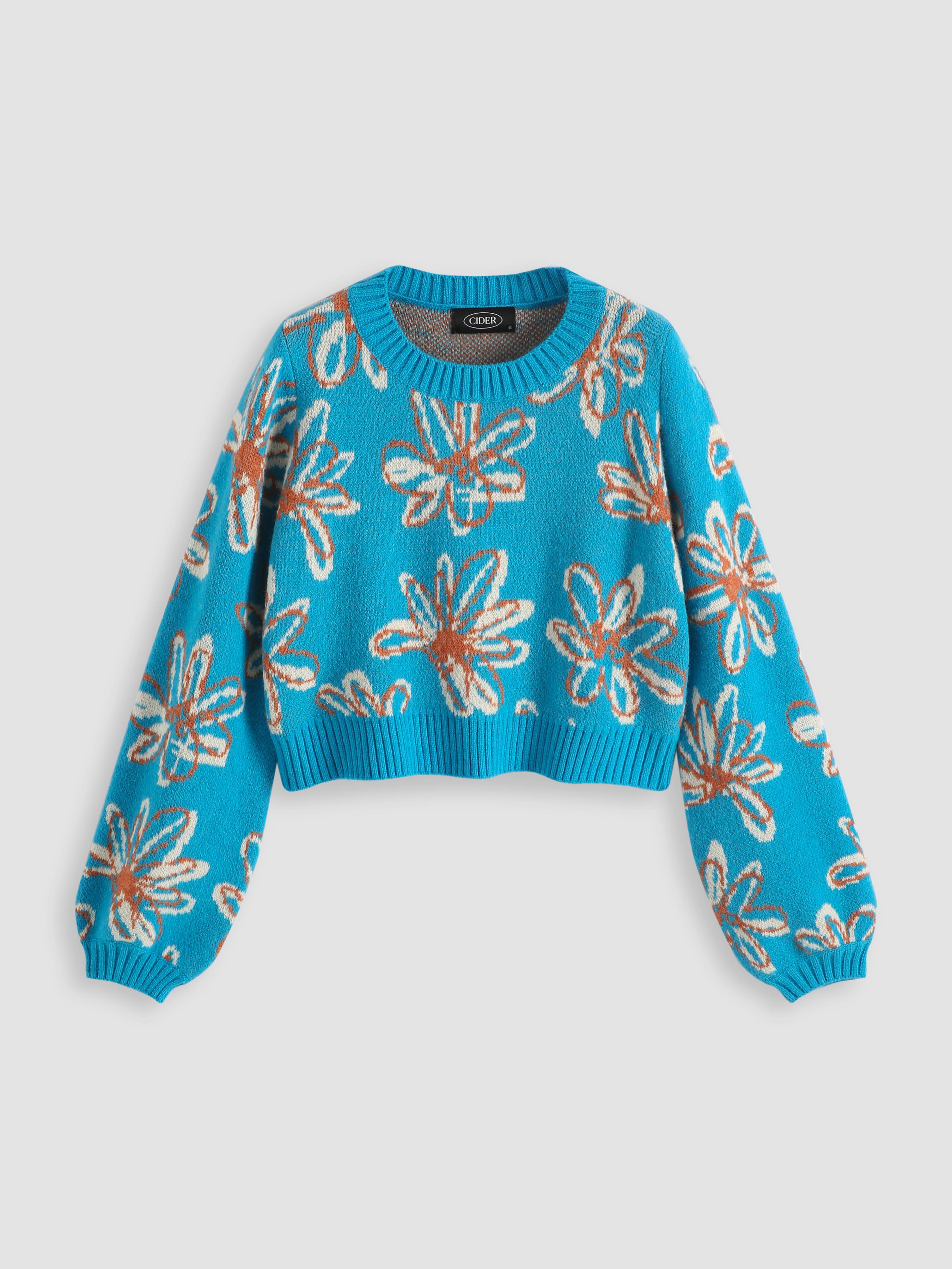 Retro Floral Print Cropped Sweater Cider