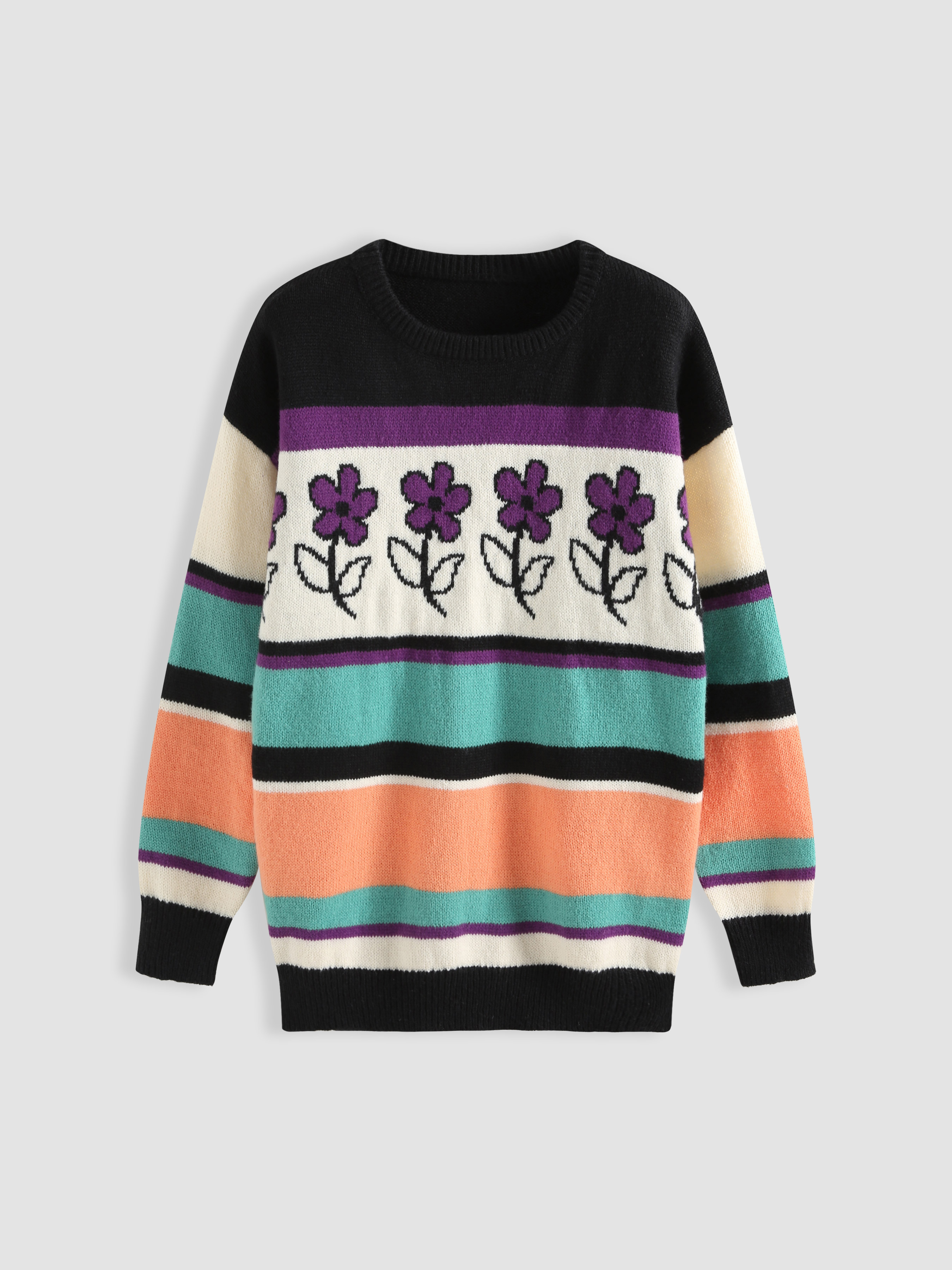 Purple Flower Striped Sweater Cider