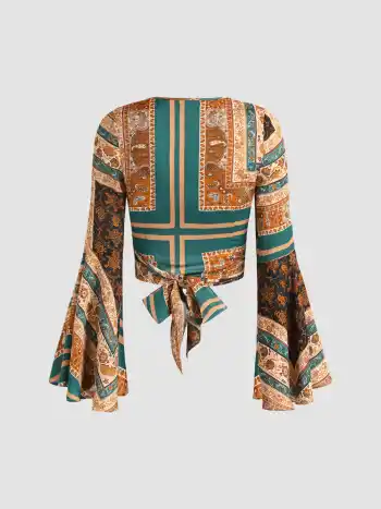 Crop-Bluse mit Geo-Print und Blumenmuster