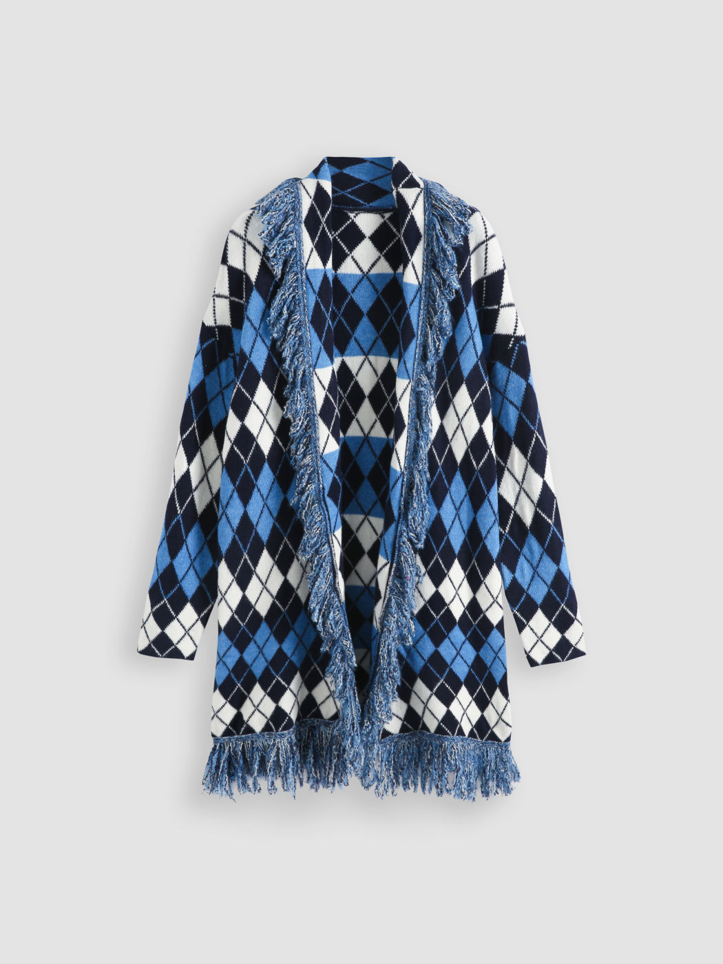 Argyle Print Fringe Cardigan Cider