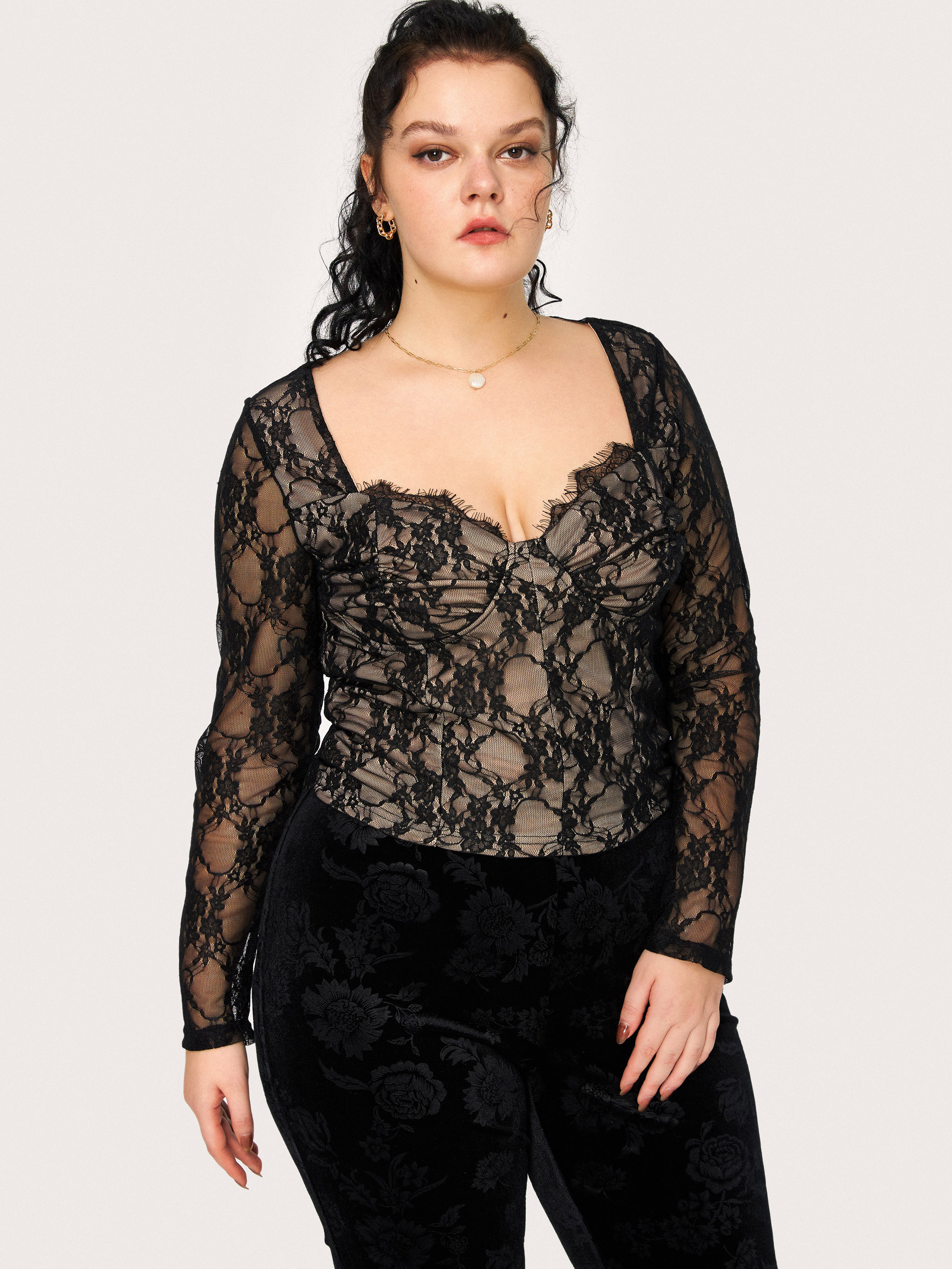 Curveandplus Wave Trim Lace Blouse For Date Partyclubbing 4122