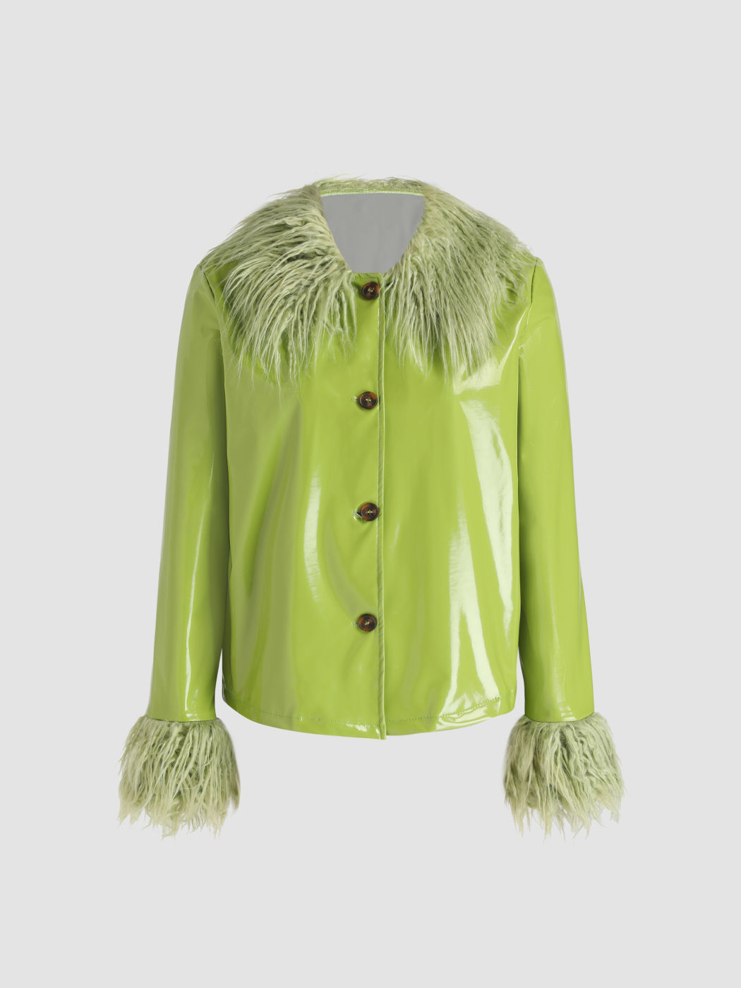 Watch Me Lime Green Faux Leather Fuzzy Coat