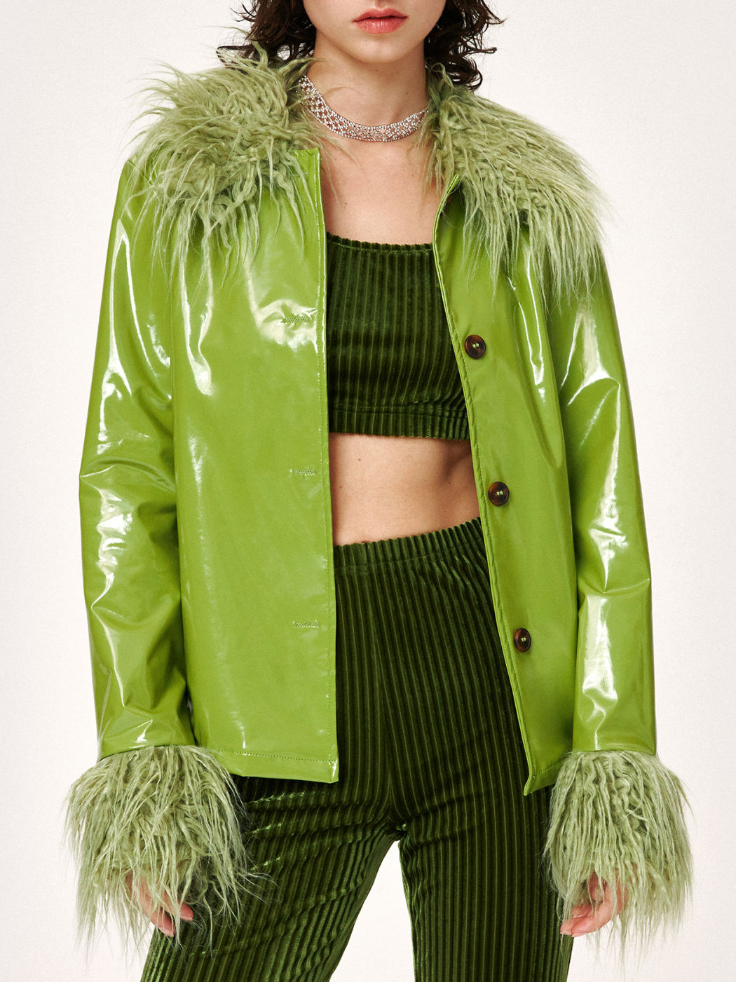 Watch Me Lime Green Faux Leather Fuzzy Coat