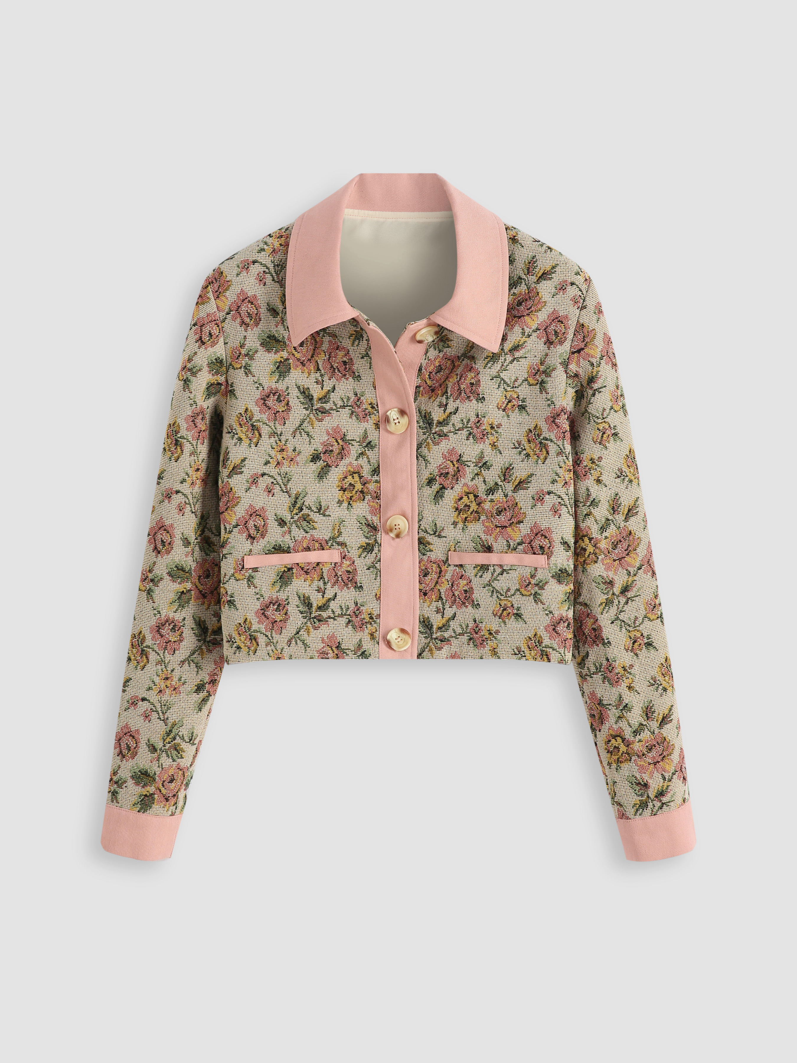 Contrasting Trim Floral Pattern Jacket Cider