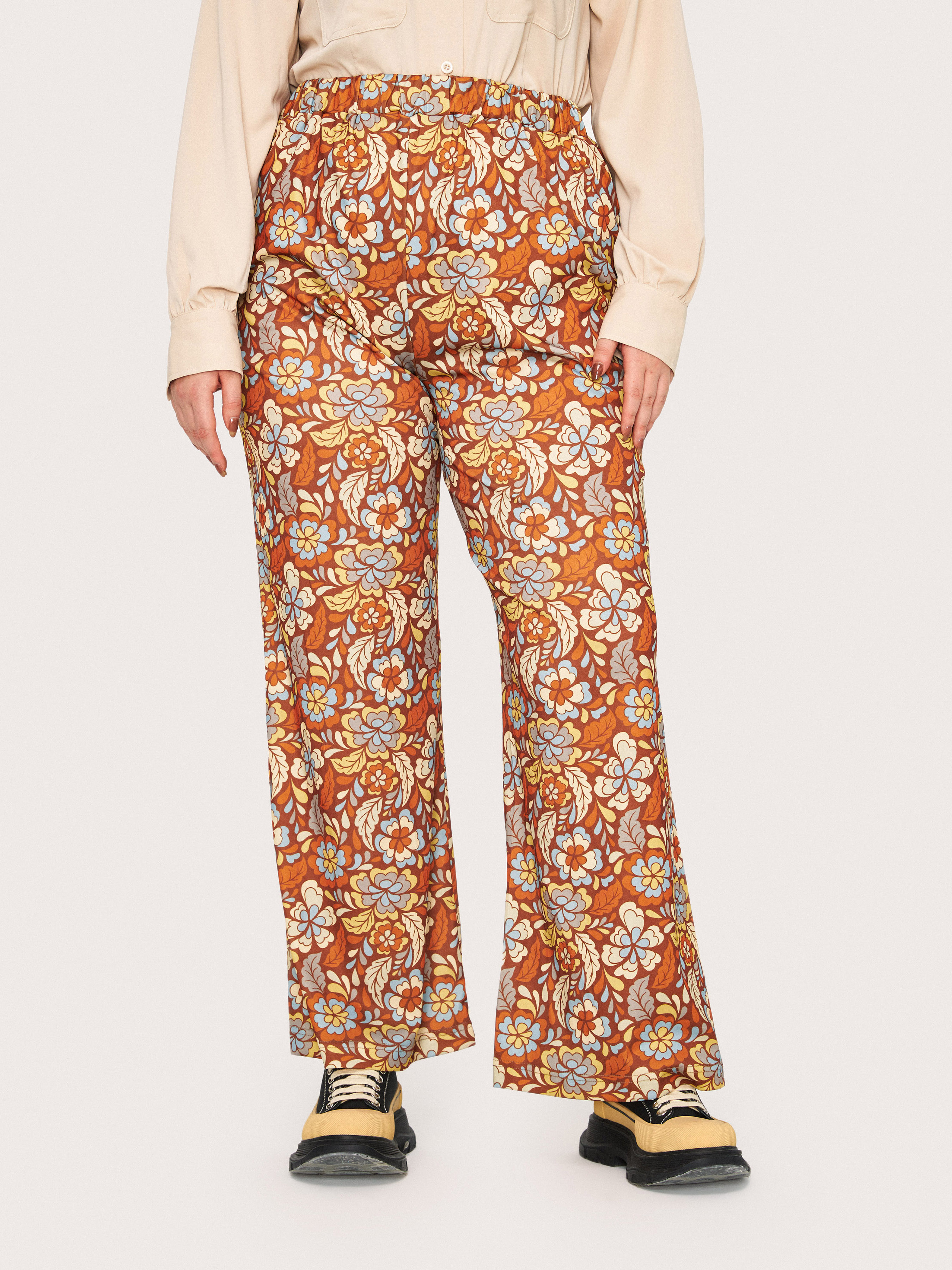 Floral Retro Flared Trousers Curve & Plus - Cider