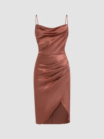 Solid Satin Slit Midi Dress