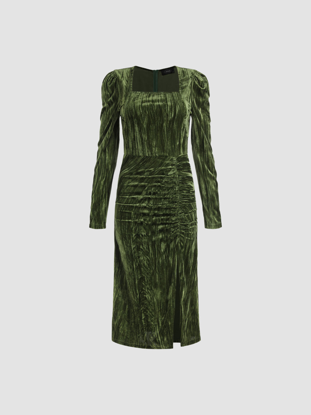 Olivgrünes Samtkleid mit Schlitz