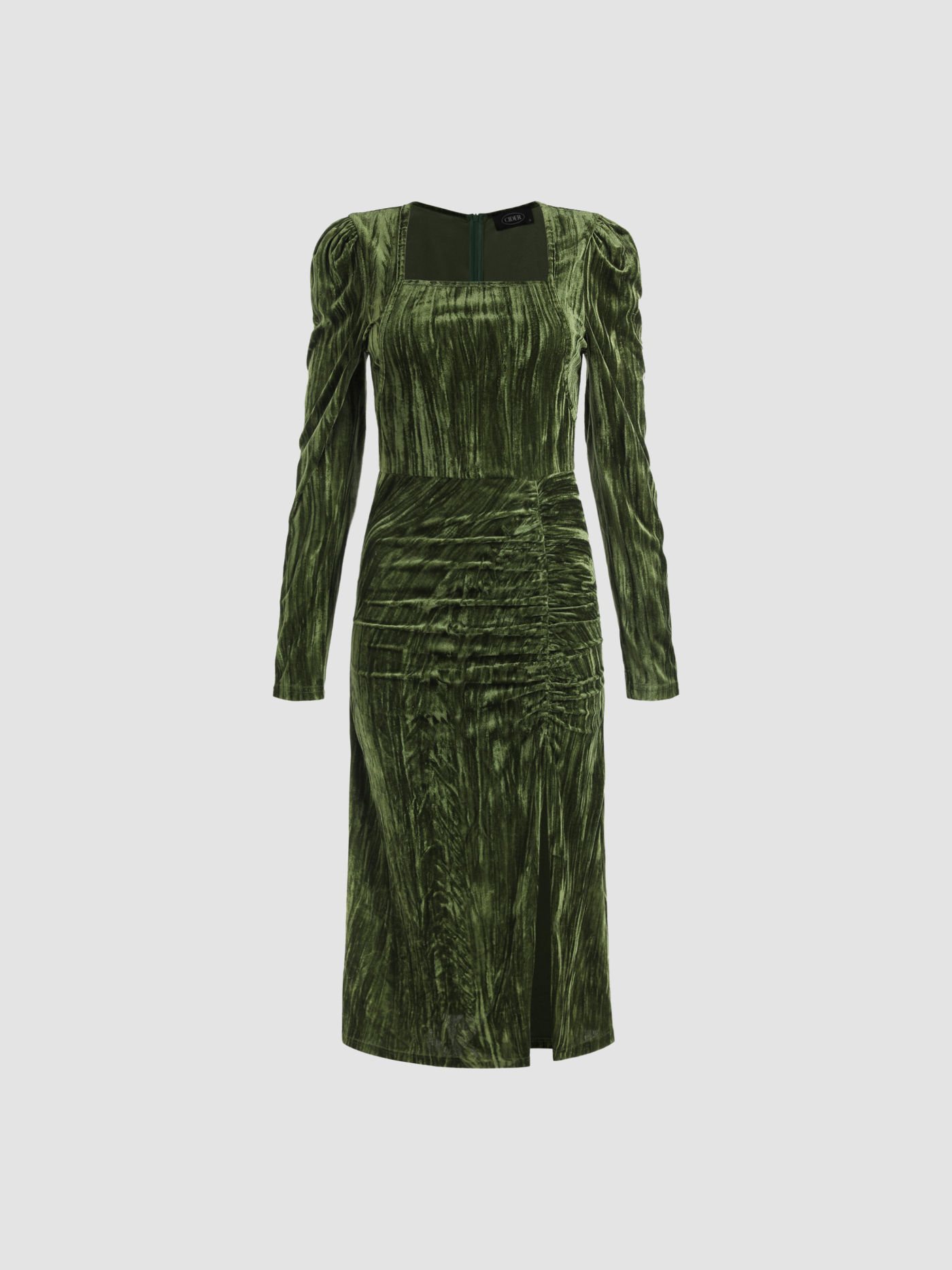Olive Green Velvet Slit Dress