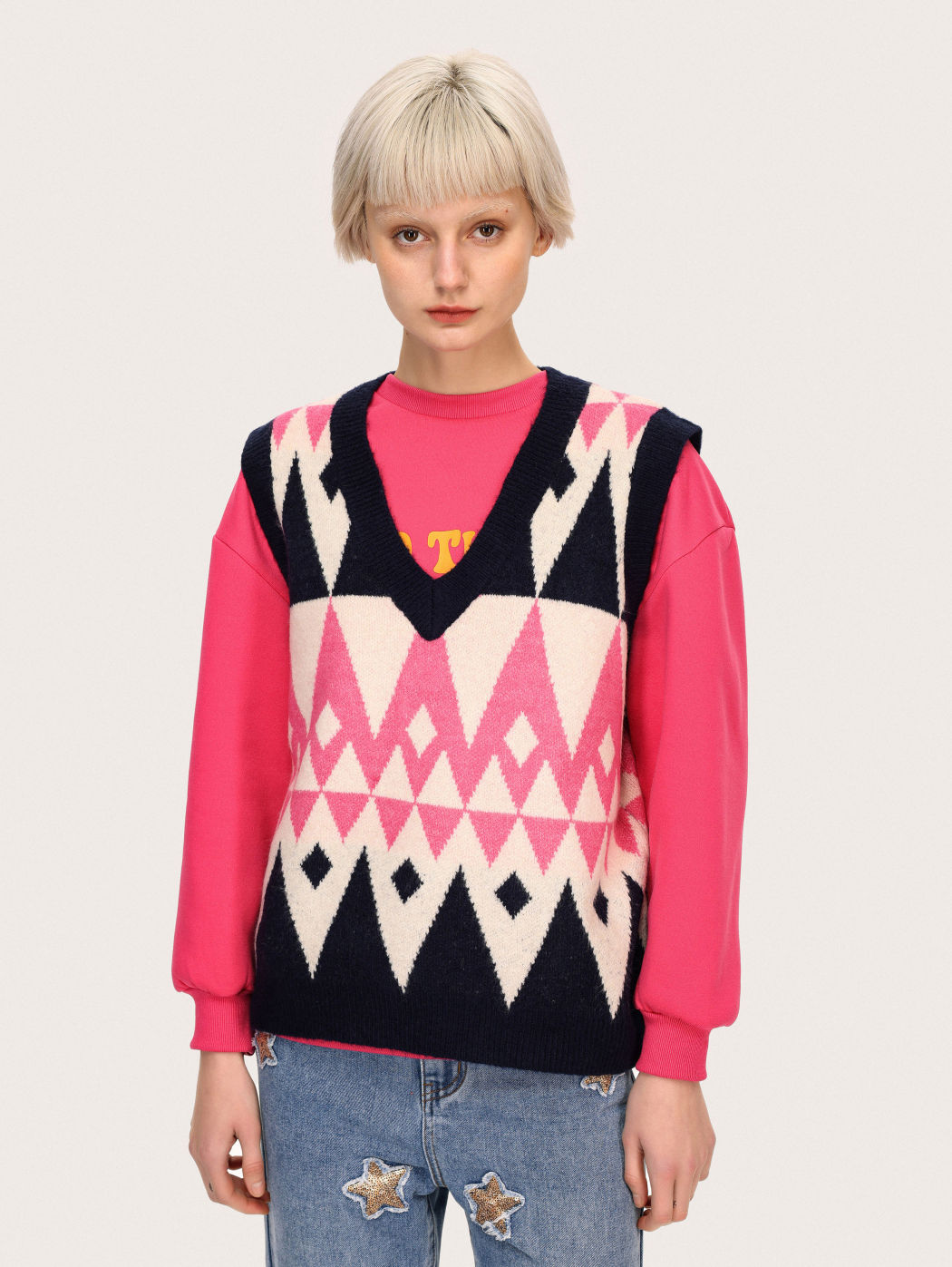 Geometric Striped Knit Vest Cider