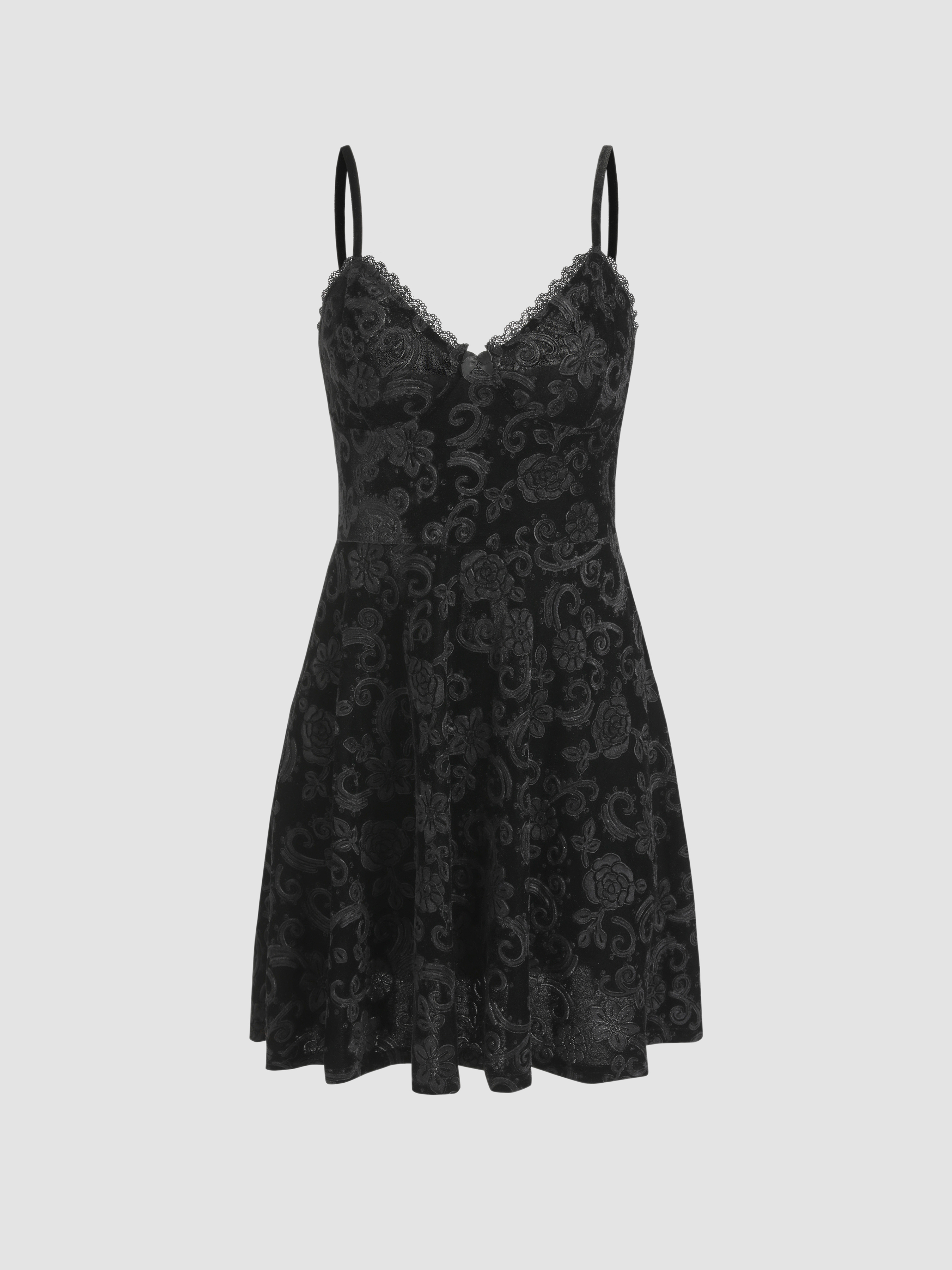 Floral Jacquard Lace Trim V-Neck Dress - Cider