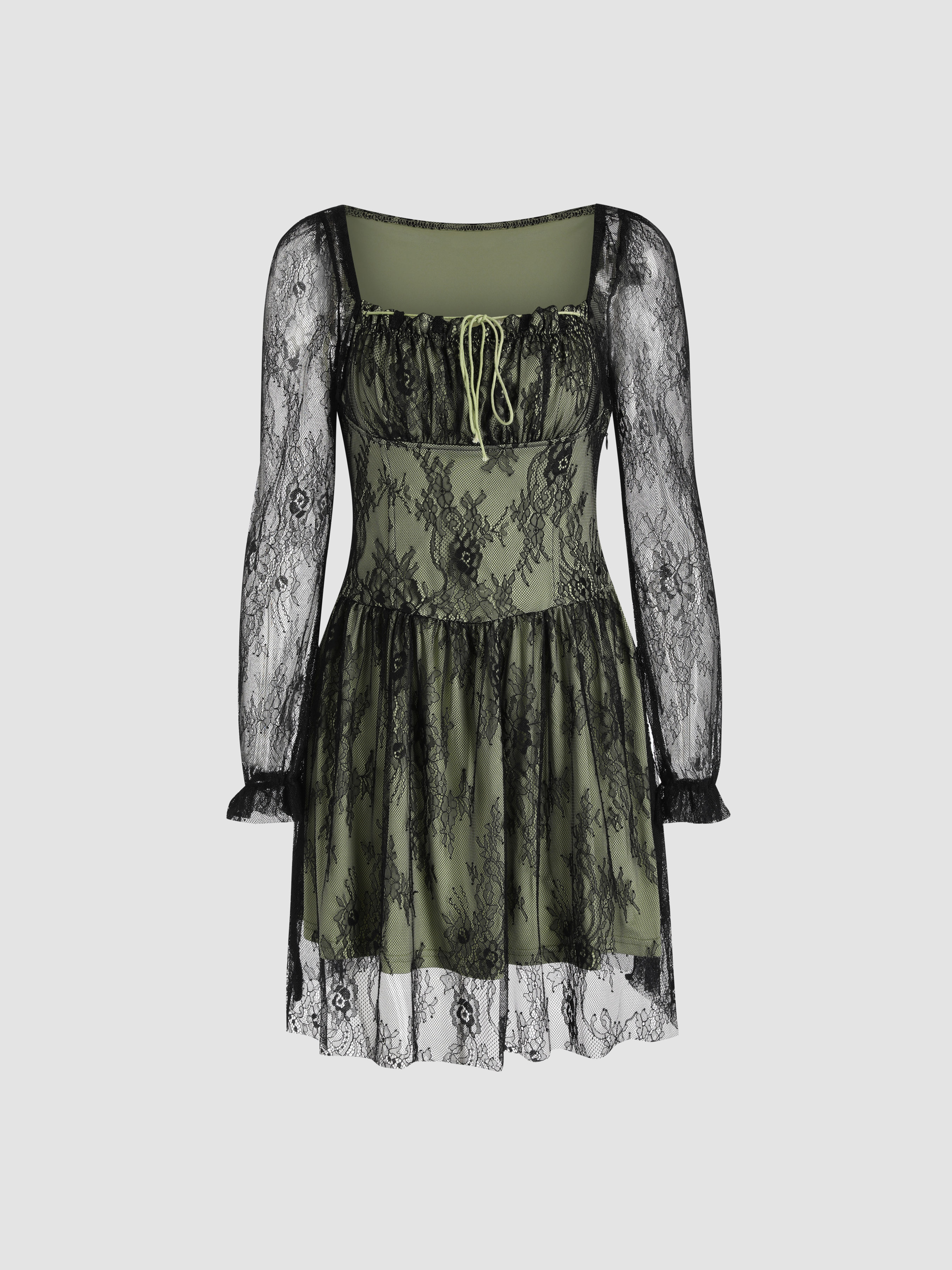 Lace Patchy Square Neckline Dress Cider