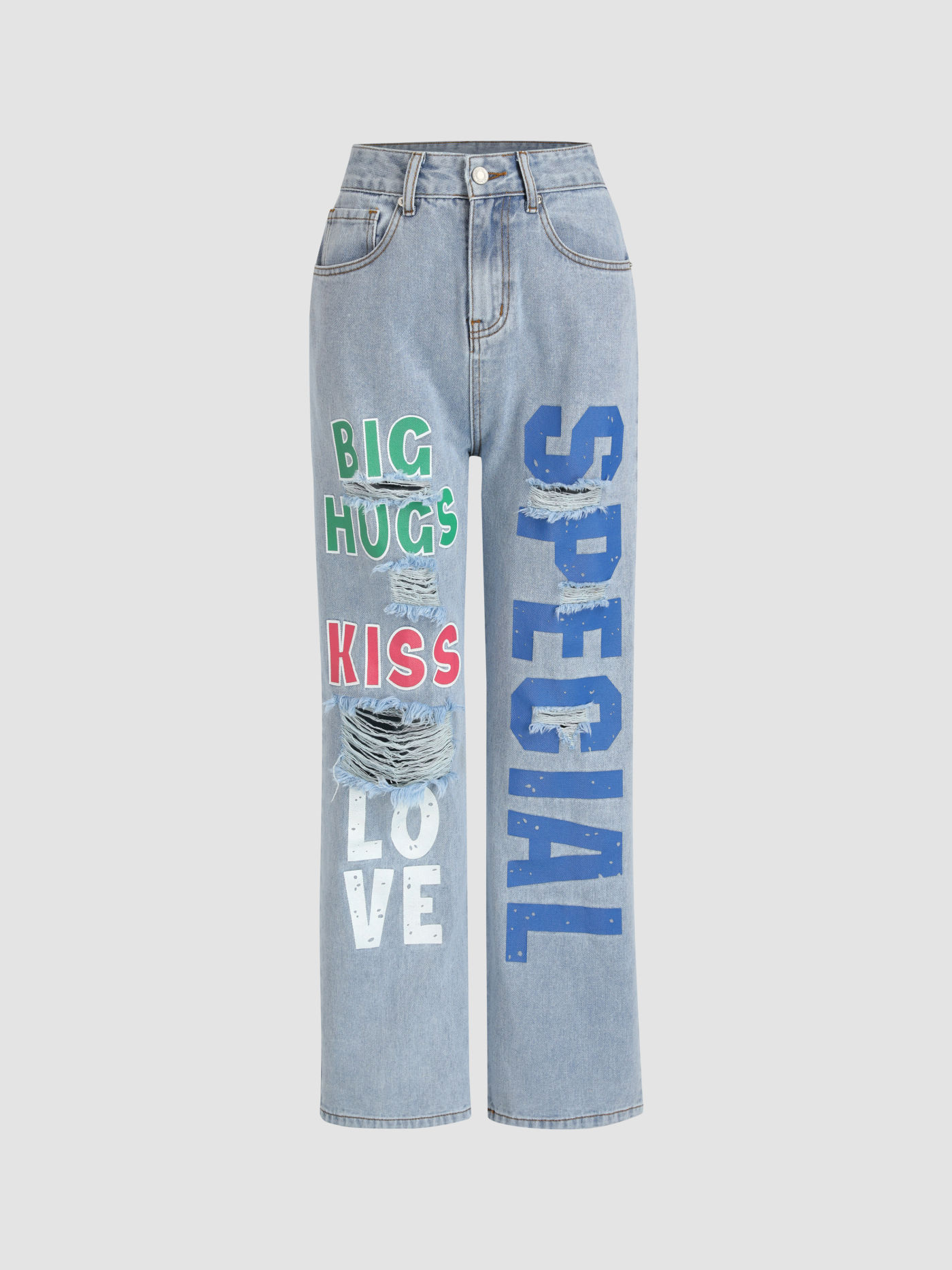 Letters Print Ripped Denim Jeans