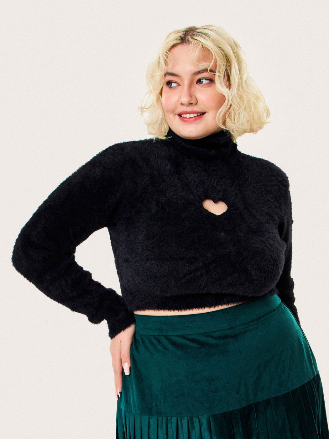 Heart Cut Out Short Plush Sweater Curve & Plus
