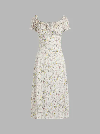 Robe corset à manches bouffantes et motif floral discret