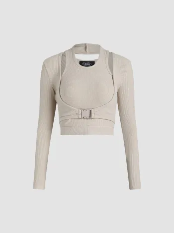 Langärmliges Schnallen-Crop Top