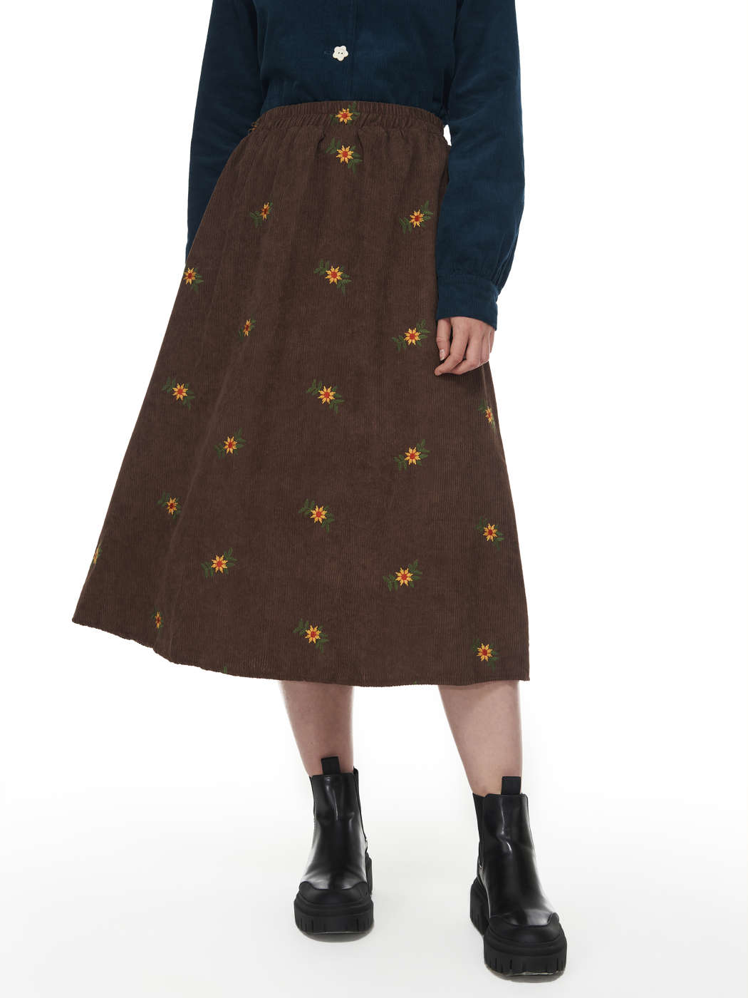 Corduroy Floral Ditsy Midi Skirt For Daily Casual Date Vacation