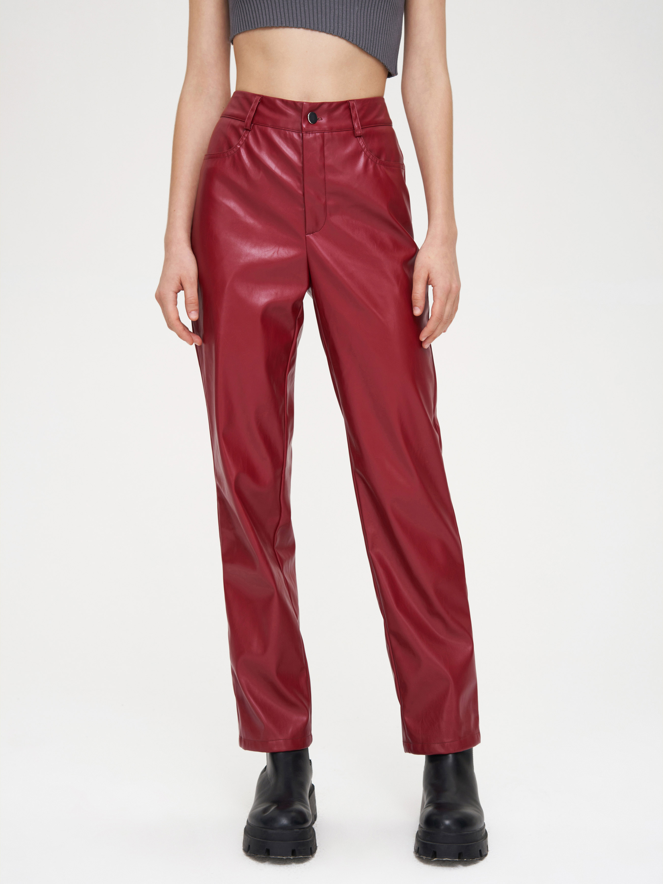 Faux Leather Straight Trousers - Cider