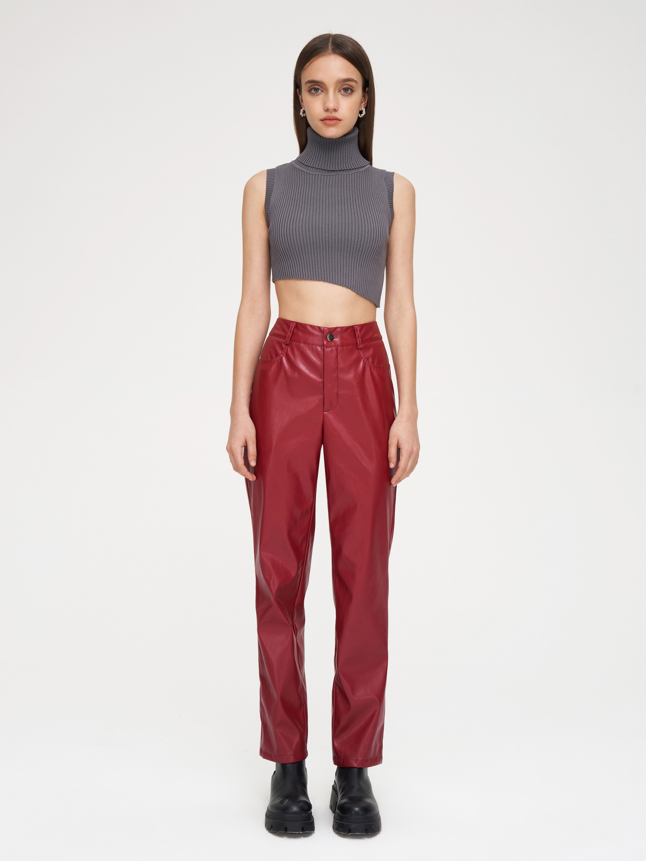 Red Straight Leg Leather Pants