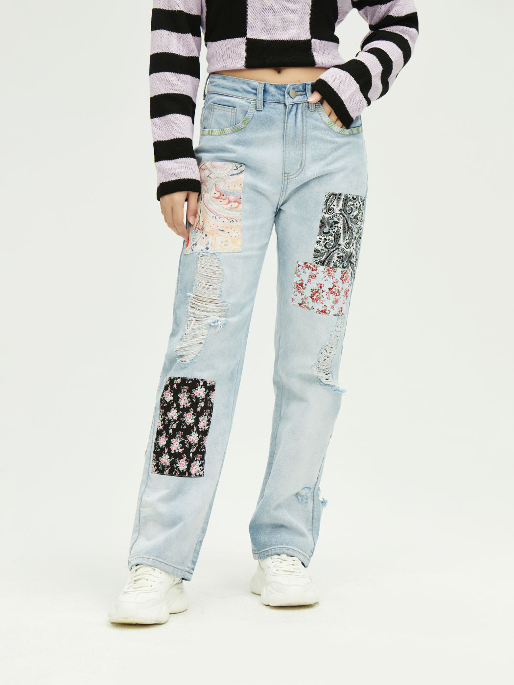 Paisley Patchwork Ripped Jeans Cider