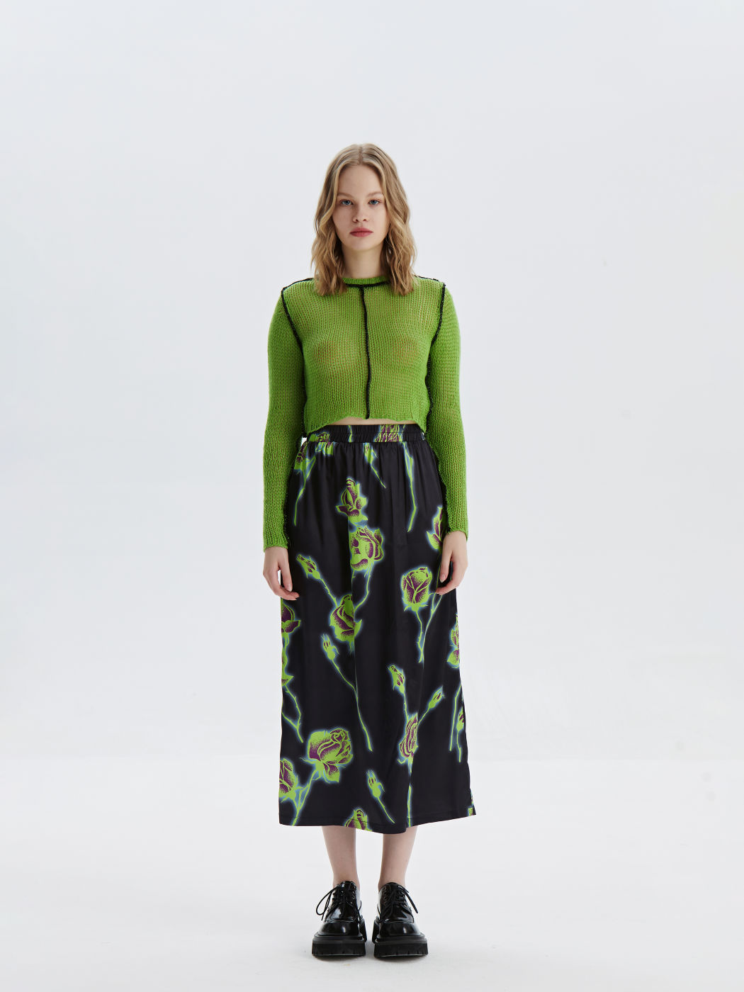 Green Hollow Knitted Crop Top