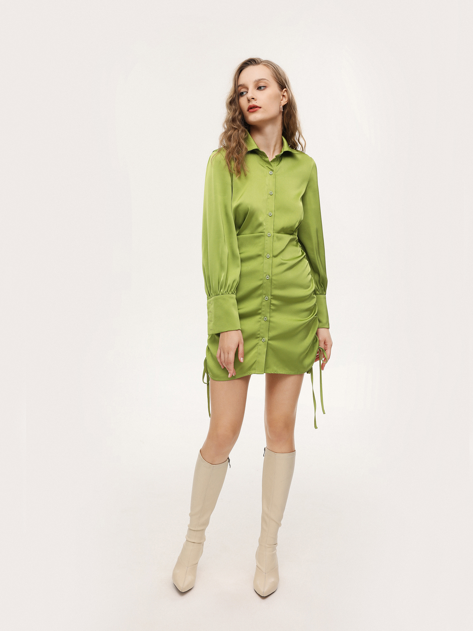 Green Solid Ruched Shirt Dress