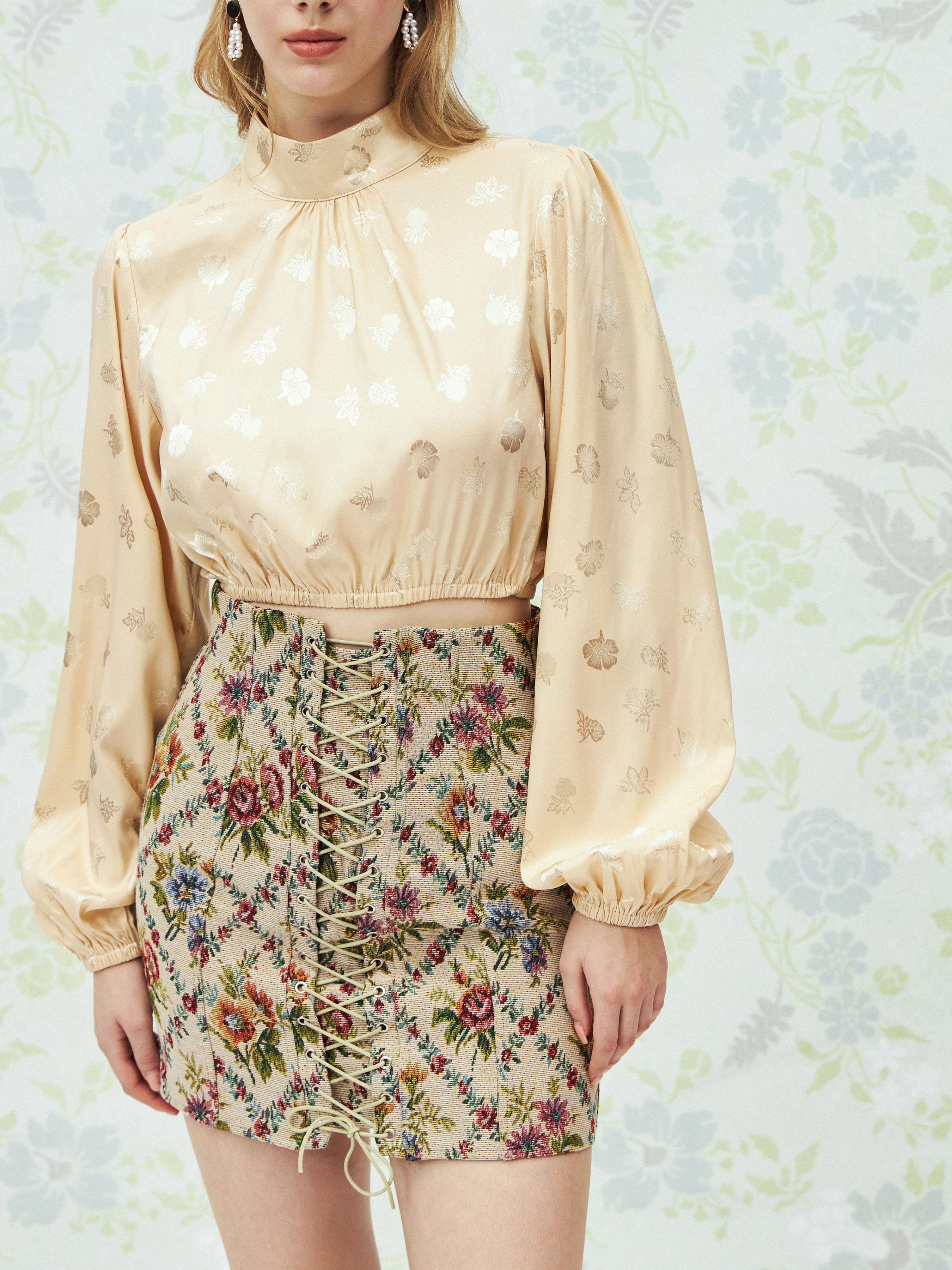 Floral Lantern Sleeve Blouse Cider