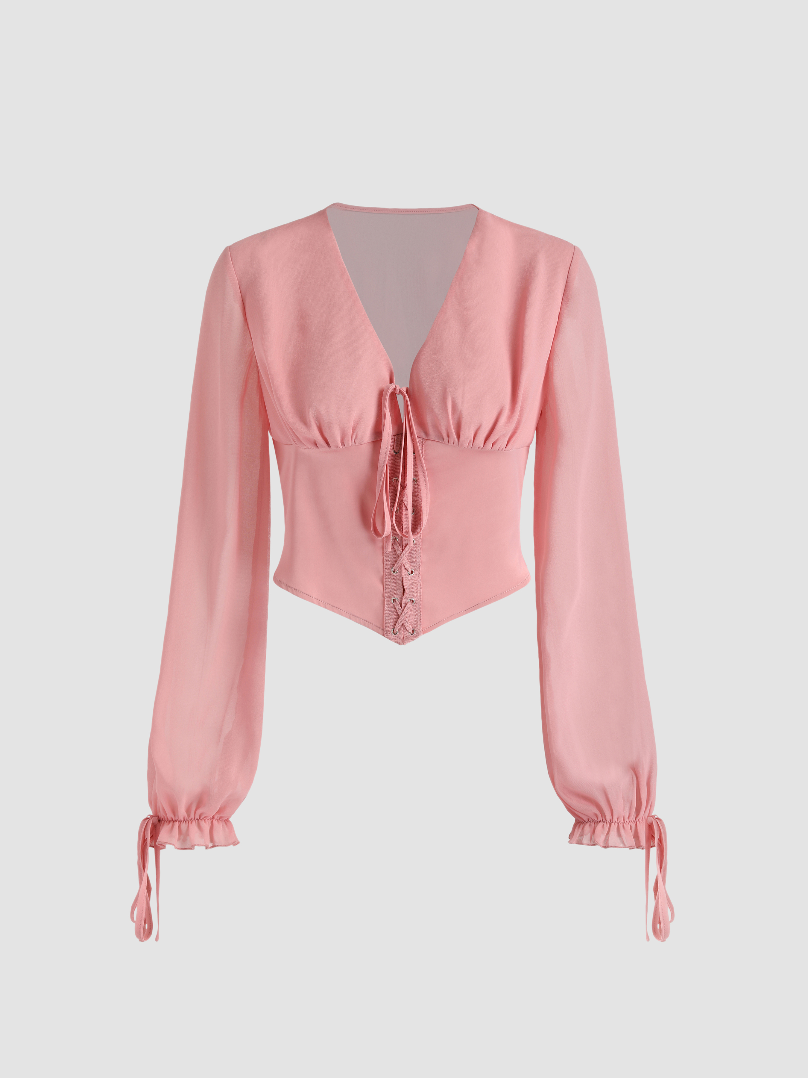 Solid V-Neck Lace Up Blouse - Cider