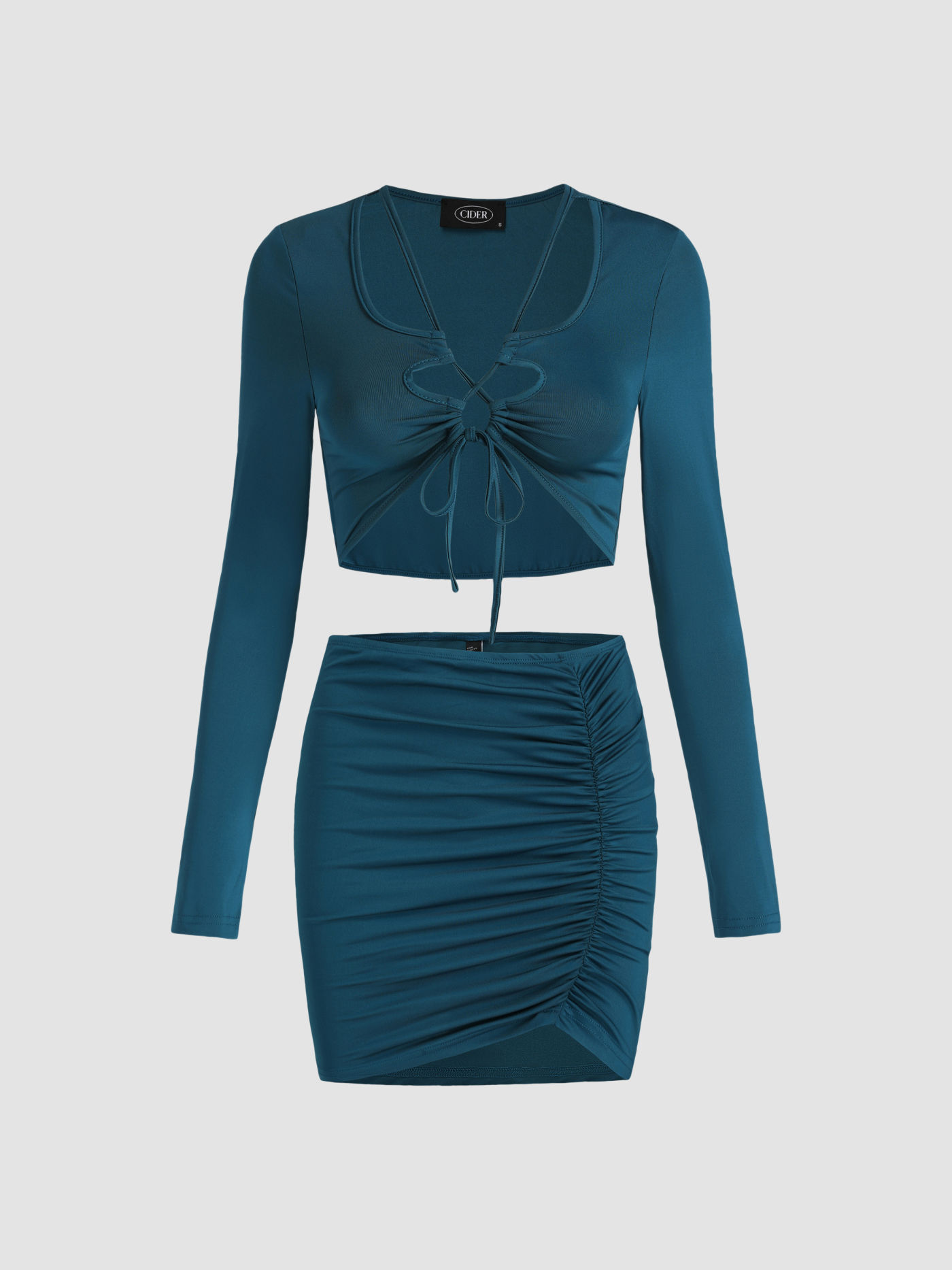 Solid Ruched Top & Skirt Set