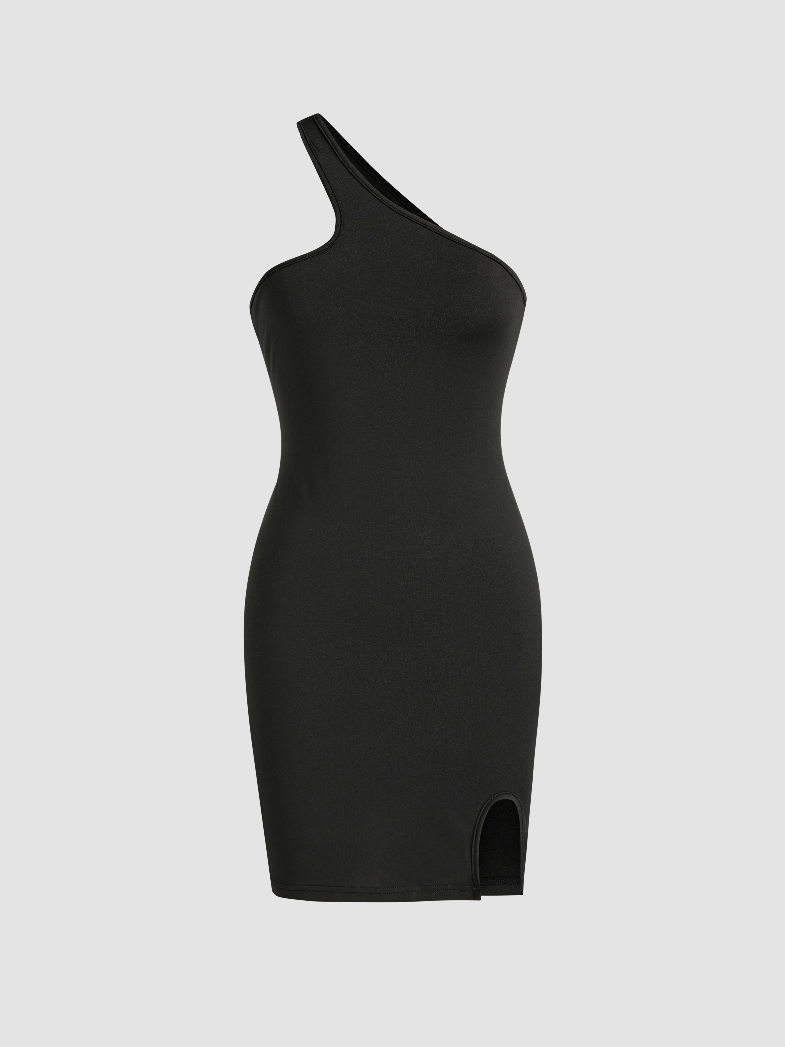 Solid One Shoulder Slit Mini Dress For Daily Casual