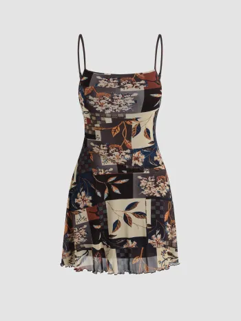 Blumen- und Blattmuster Mini-Kleid