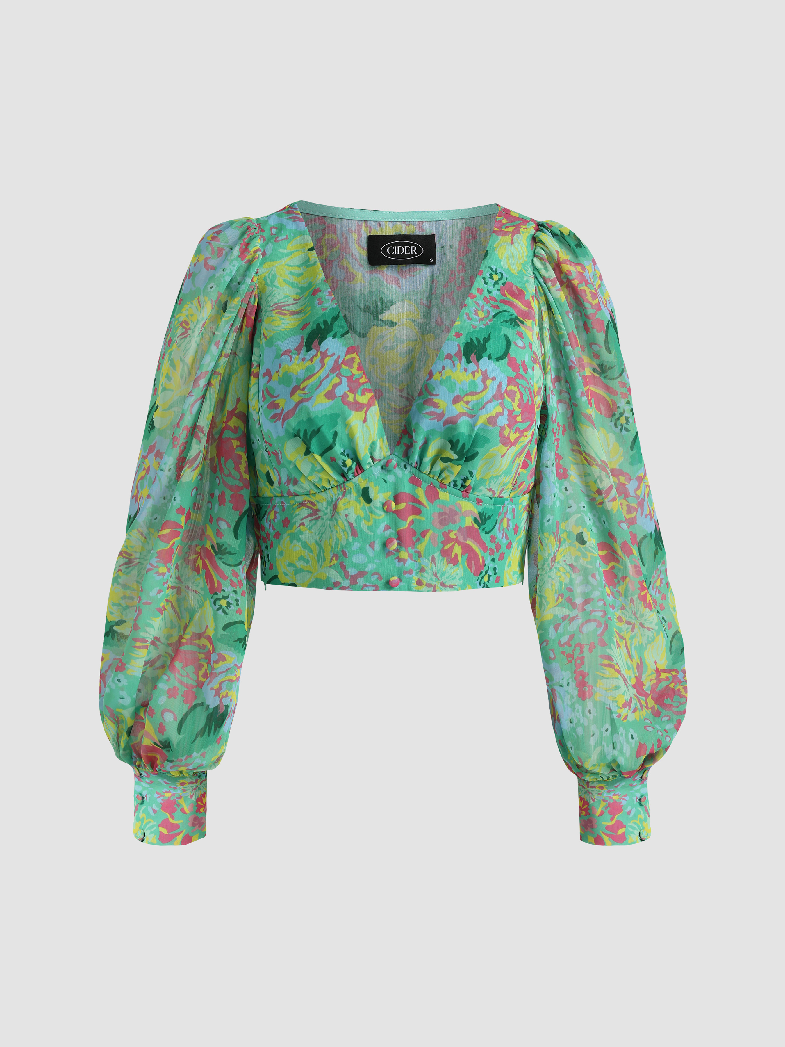 Floral Deep V Neck Blouse - Cider