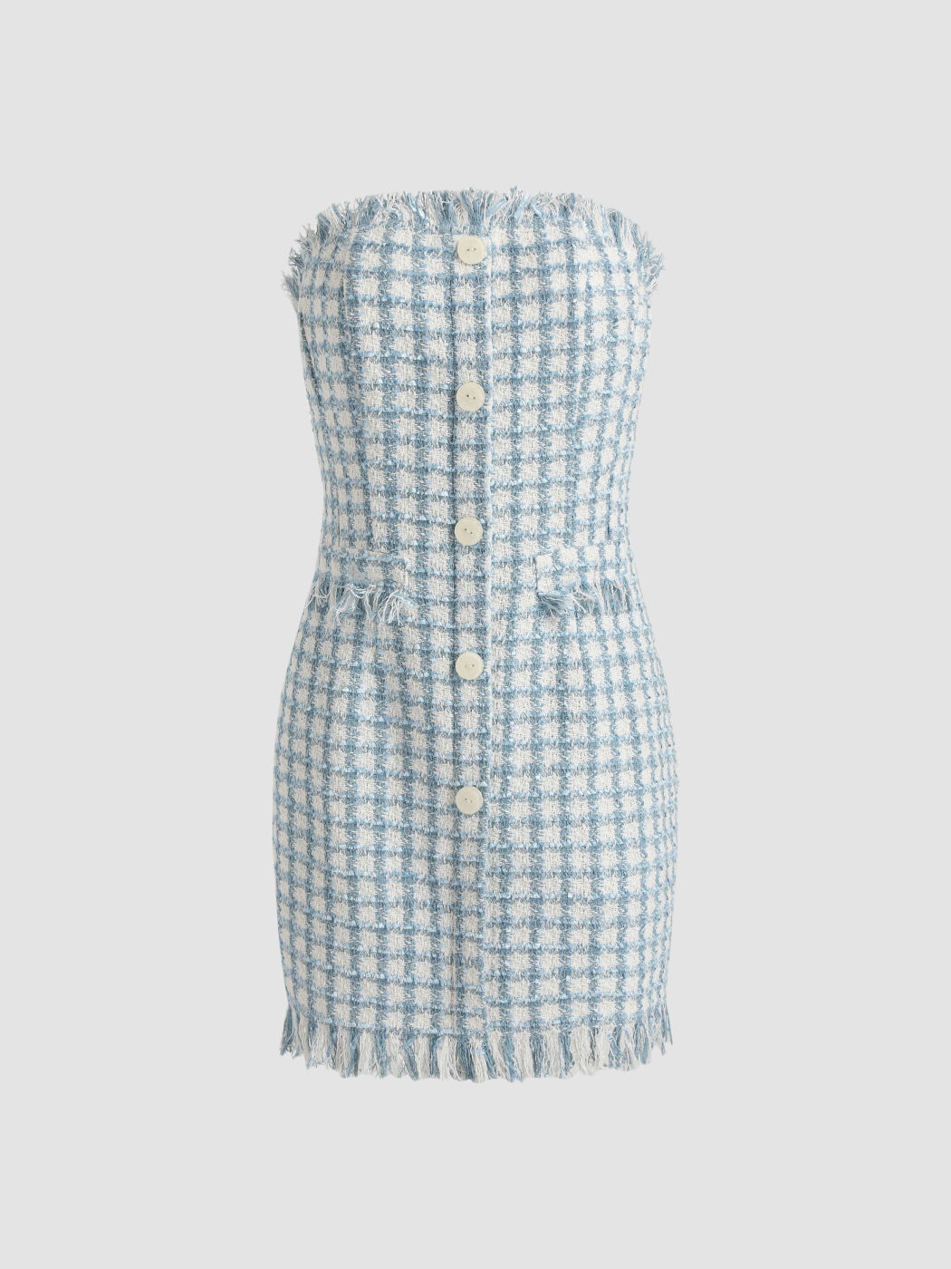 Kariertes Tweed-Kleid mit Knöpfen und ungesäumten Rändern