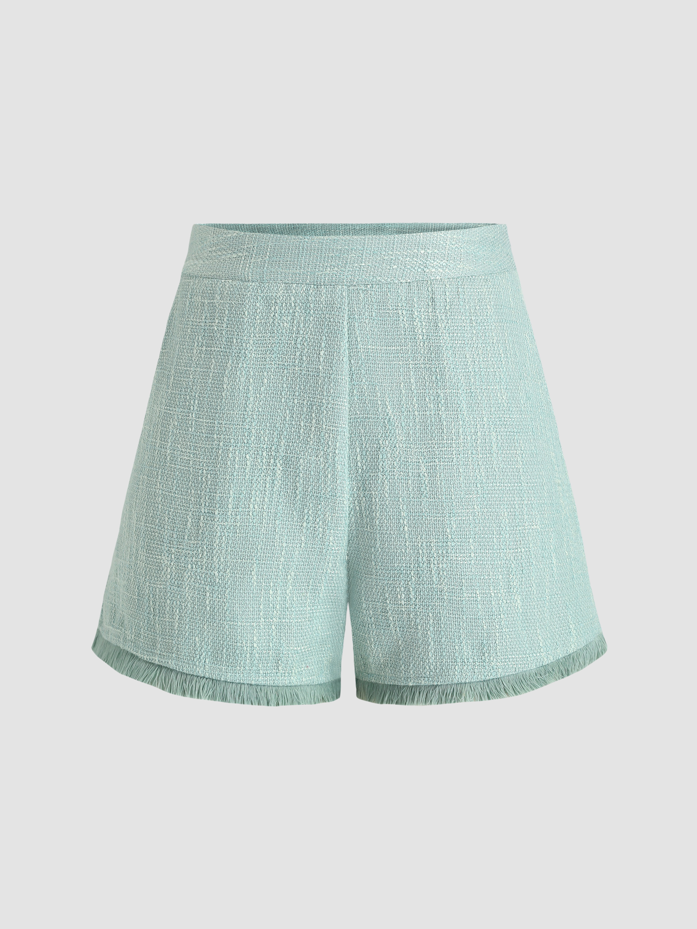 Solid Tweed Tassel Trim Mini Shorts For Vacation