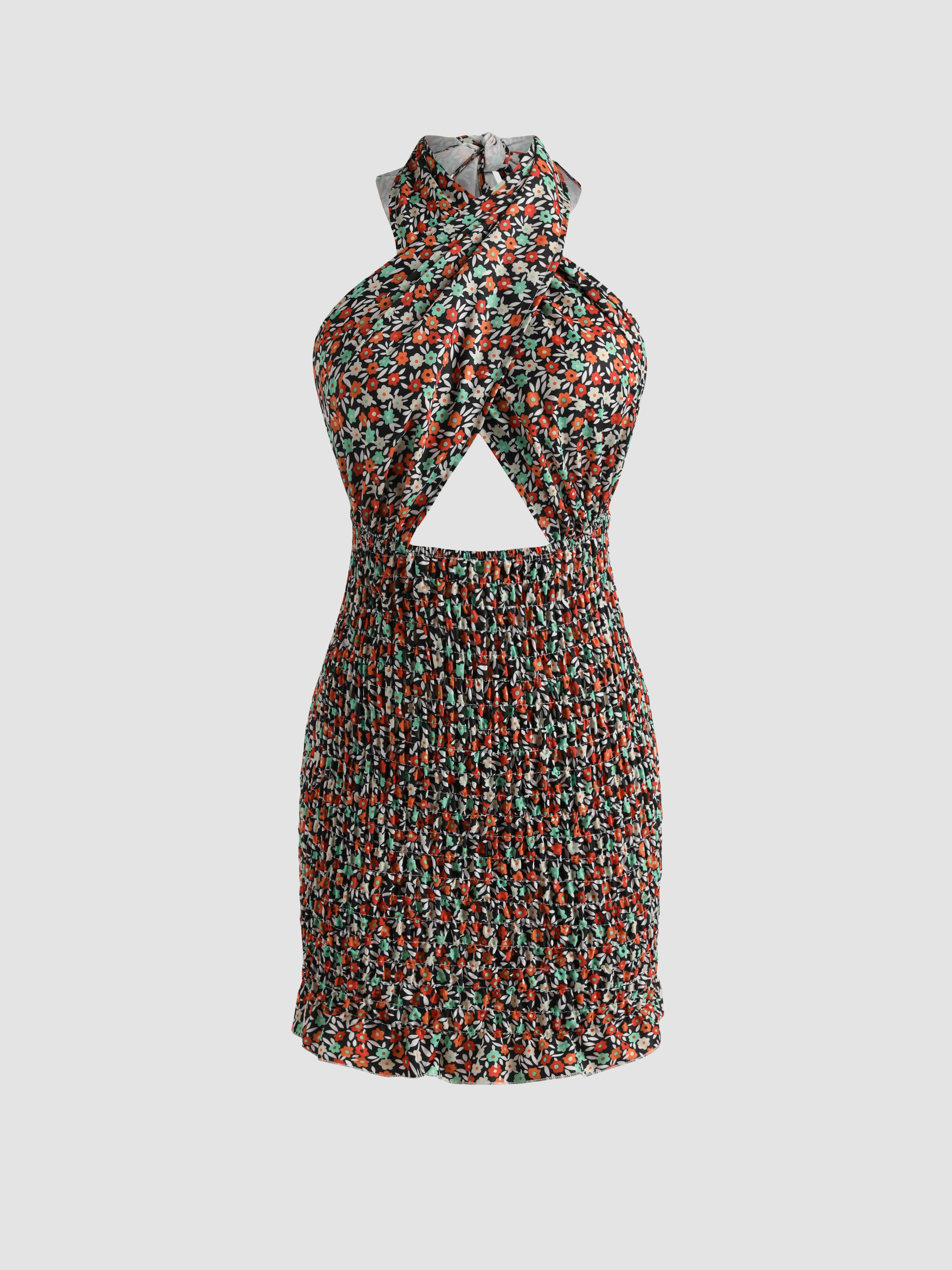 cider floral cross halter midi dress Shirred For Vacation canton blue