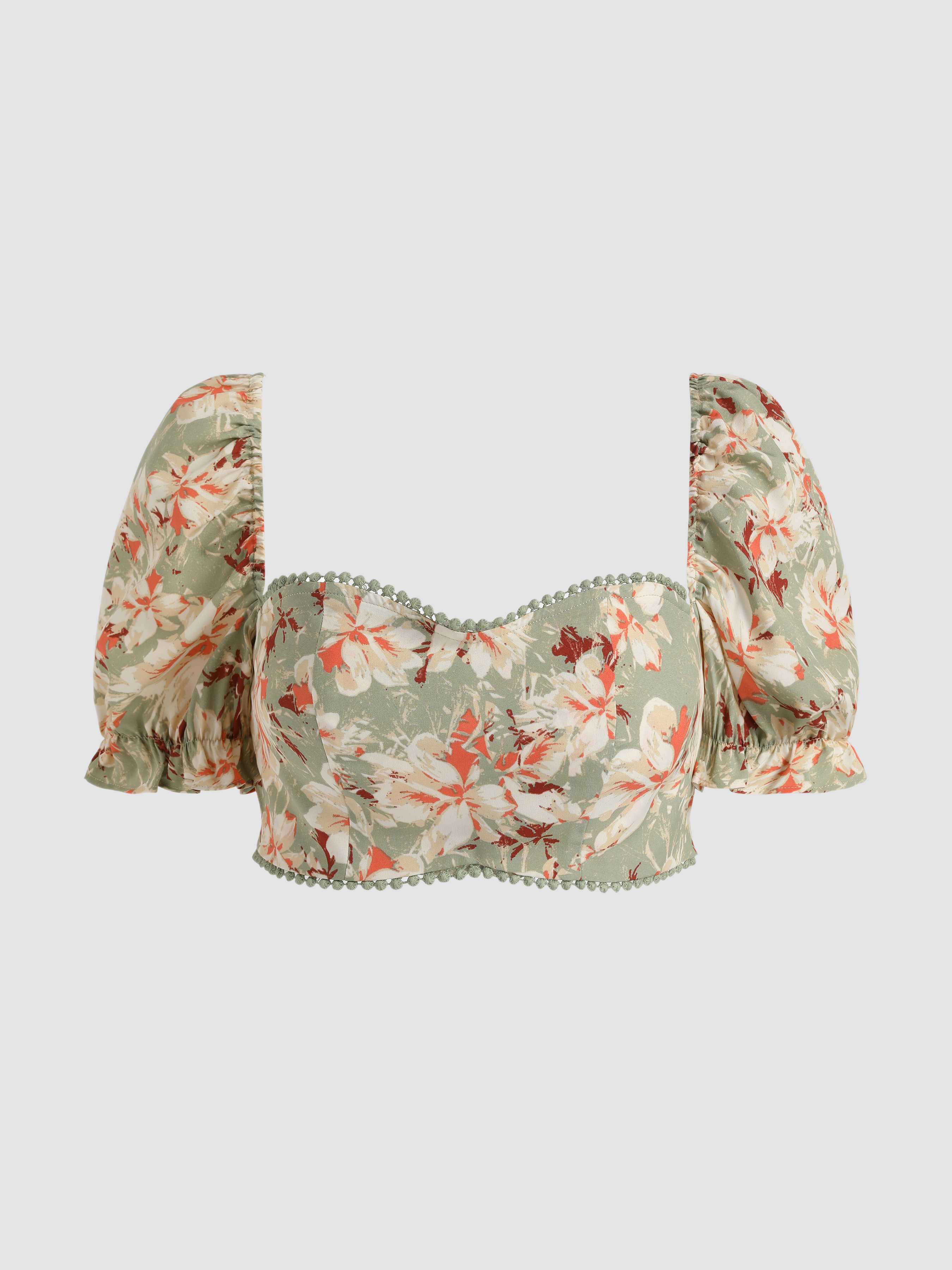Floral Lace Puff Sleeve Corset Top For Vacation