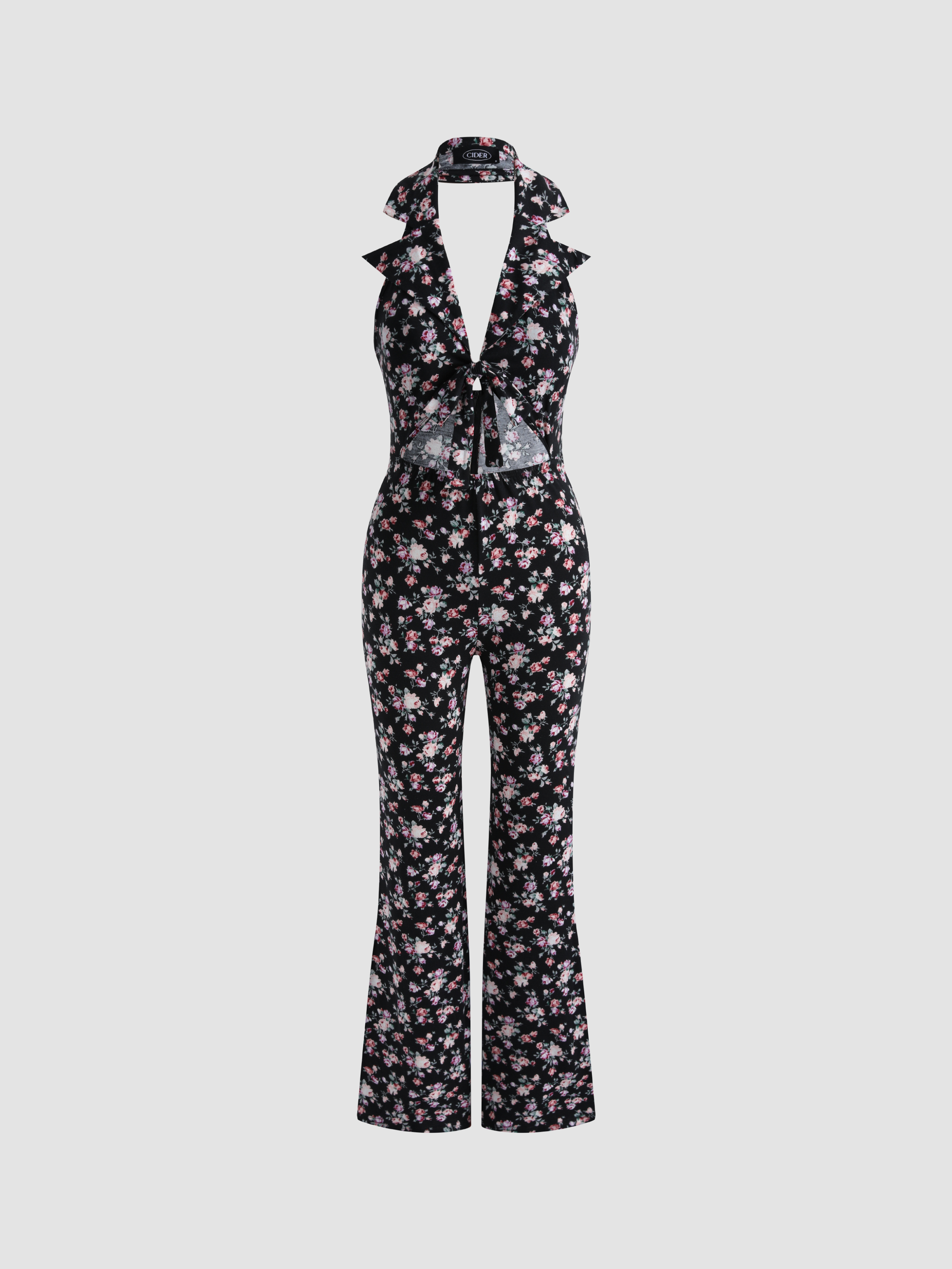 Floral Halter Neckline Jumpsuit Cider