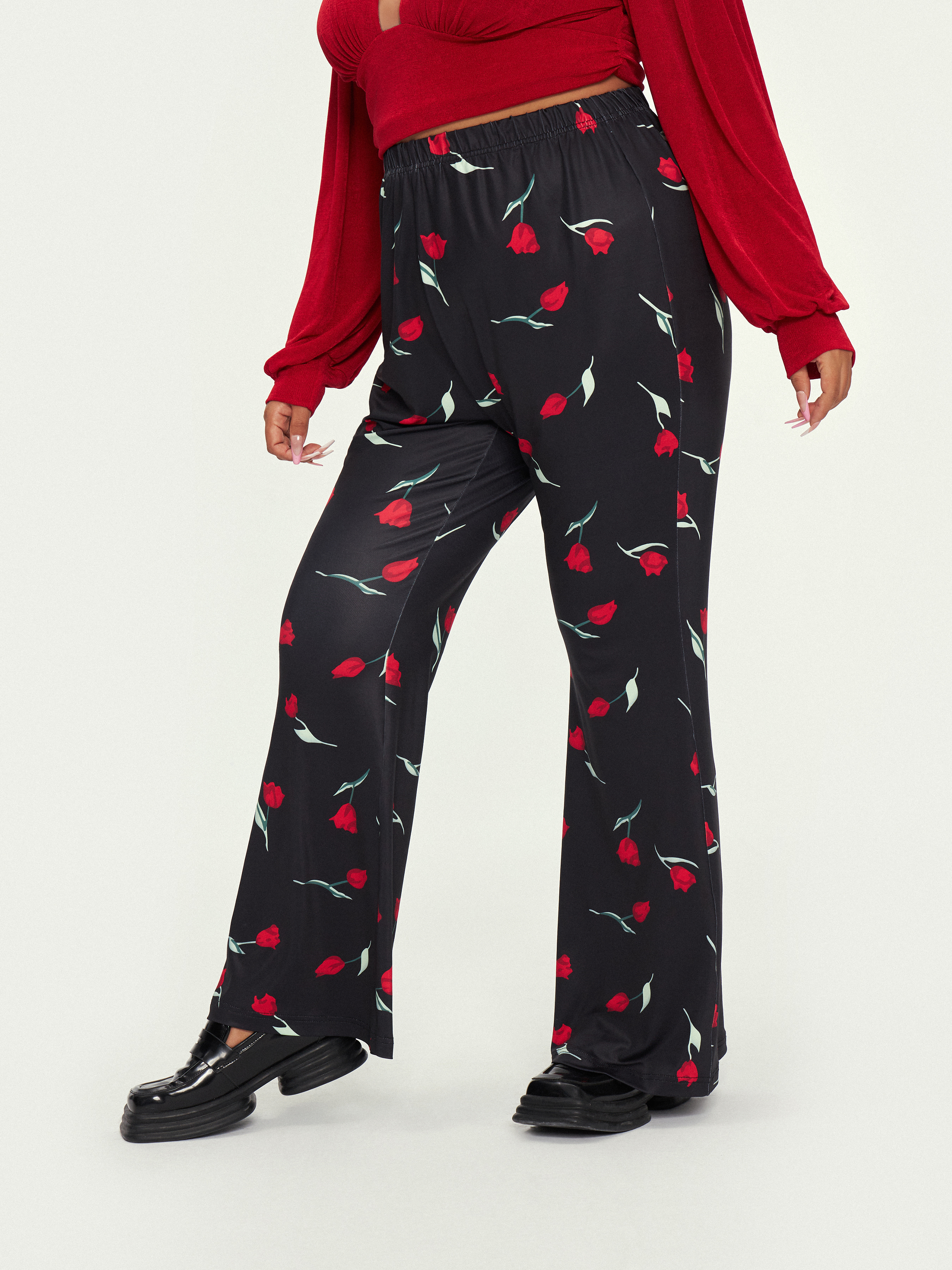 Black/Red Floral High Waisted Wide Leg Trousers | SilkFred US