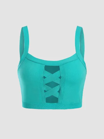 Solid Cross Hollow Out Strick-Tanktop