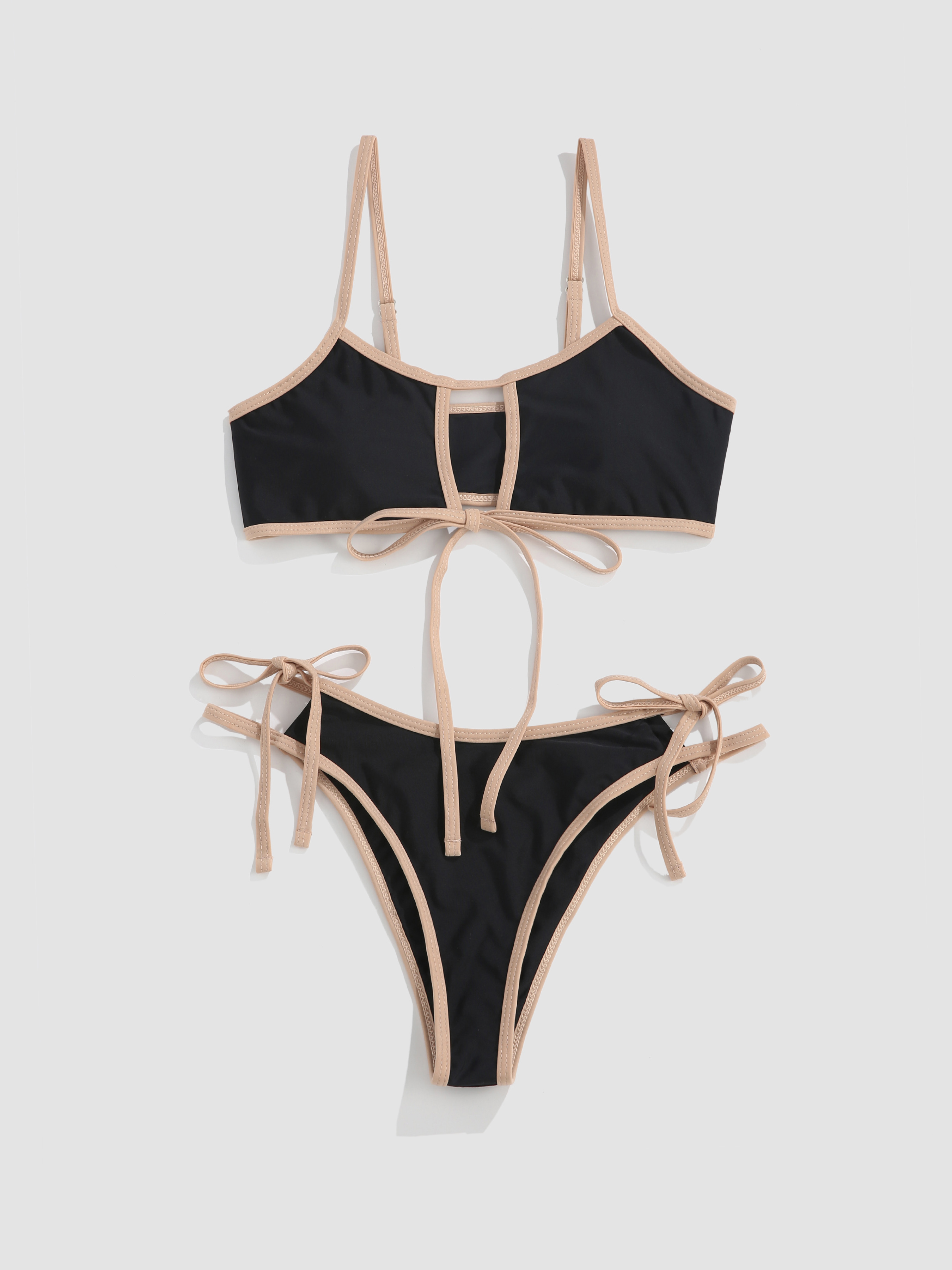 Contrasting Trim Bowknot Thong Bikini Set Cider