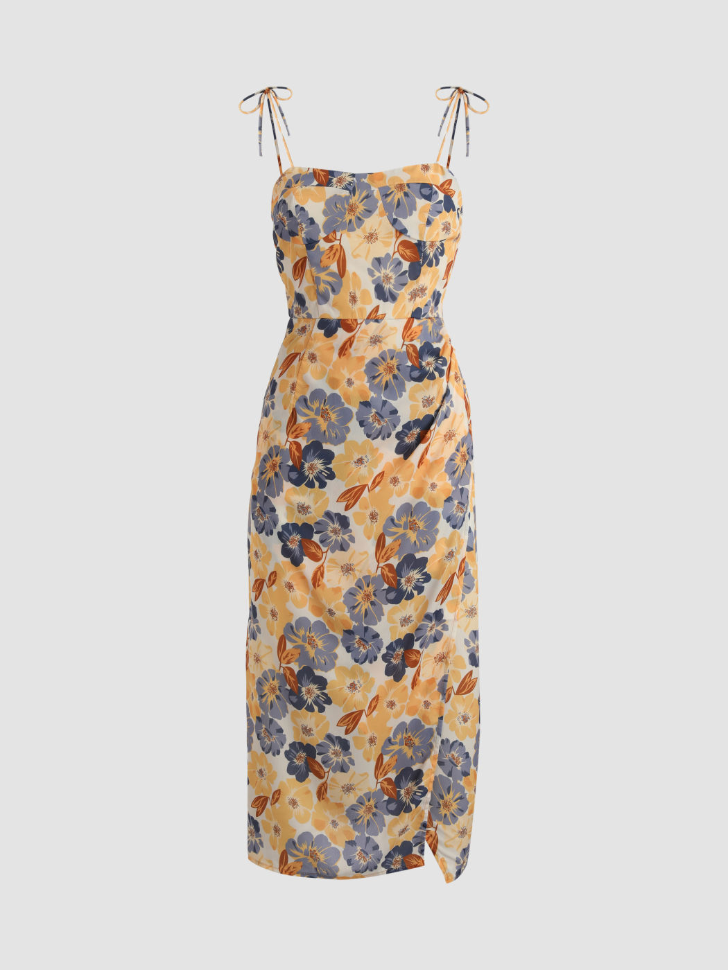 Floral Tie Shoulder Slit Midi Dress - Cider