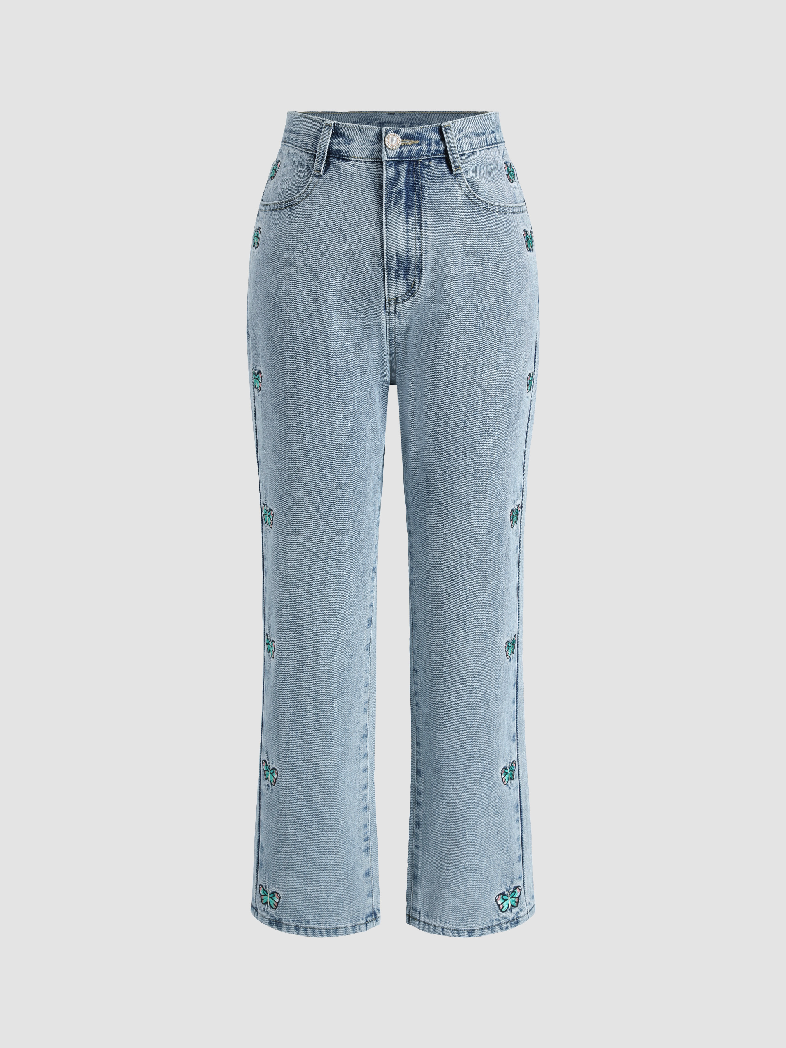 Butterfly Embroidered Flare Leg Jeans 