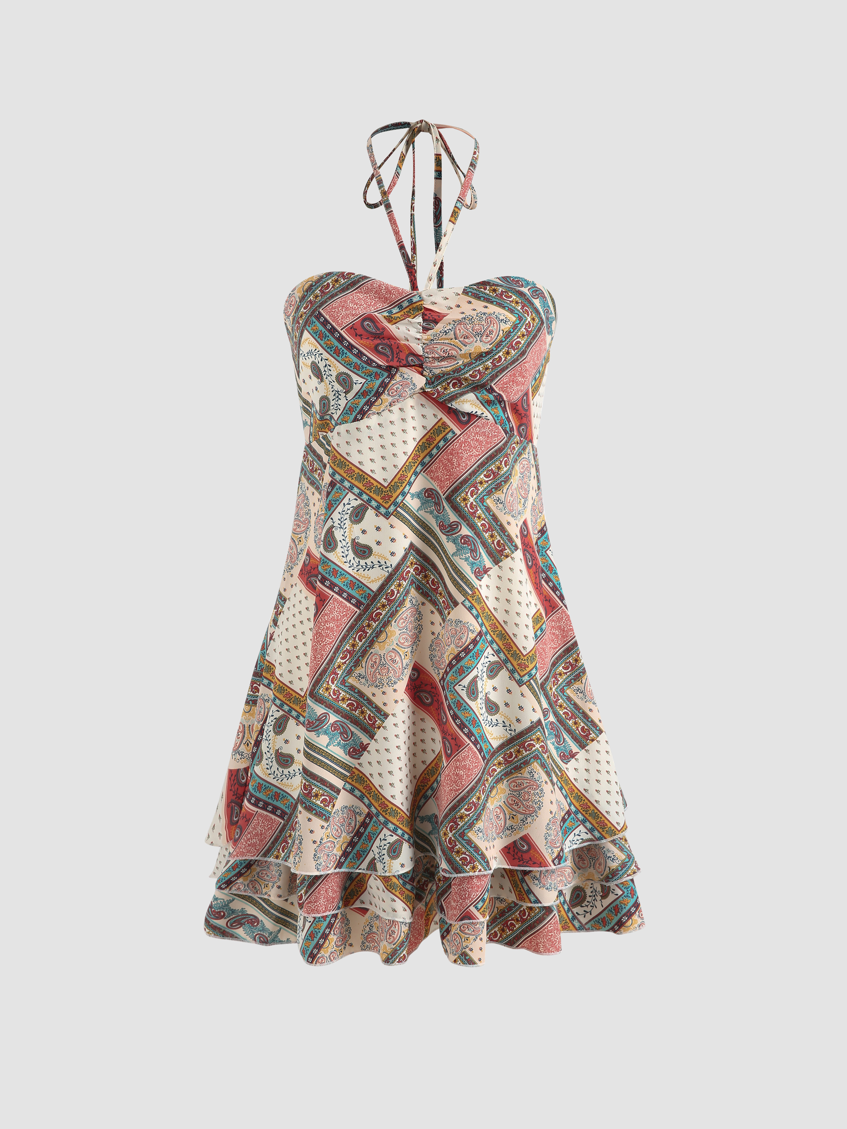 Boho Patchwork Mini Halter Dress Cider