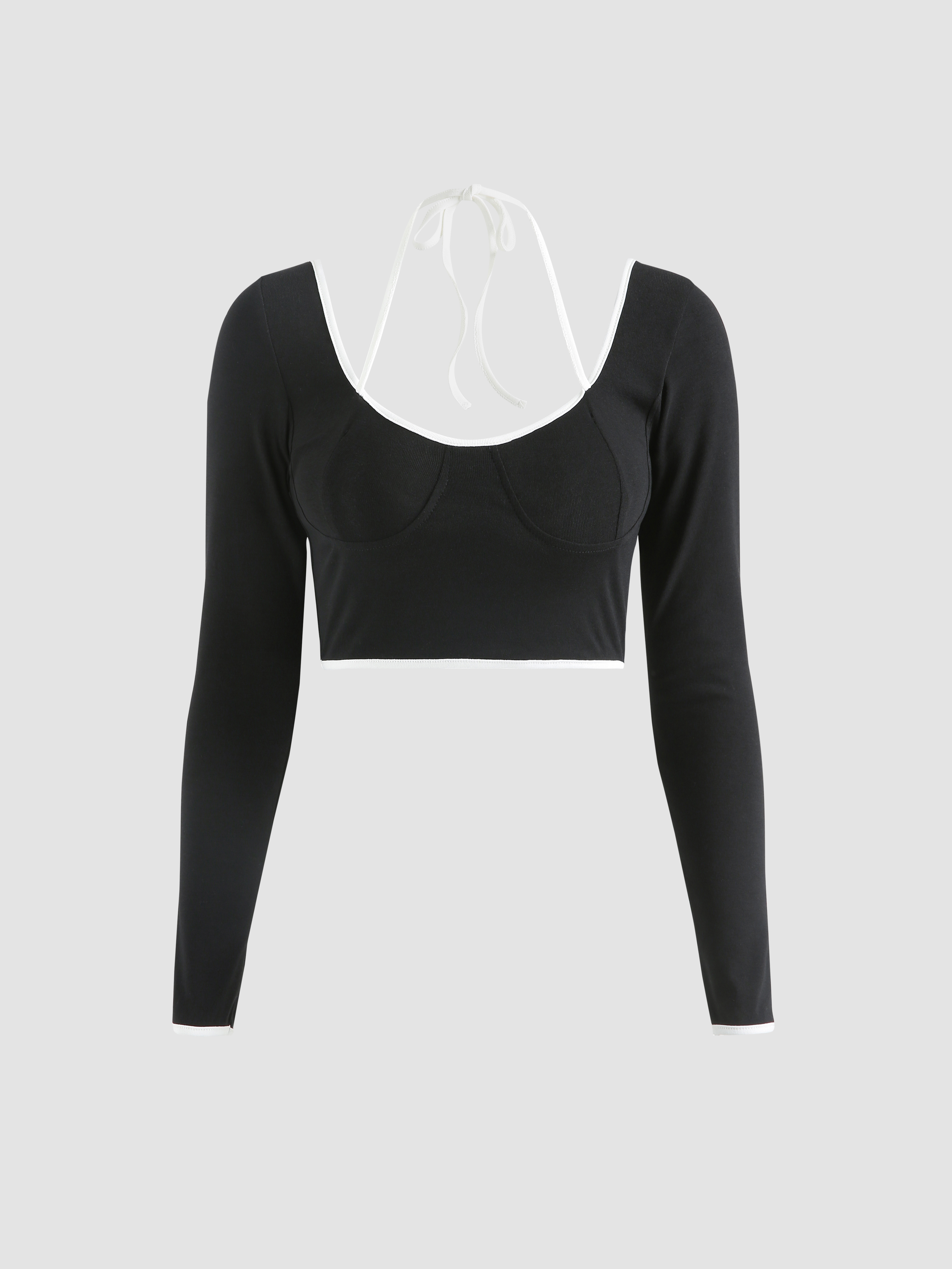 U-neckline Long Sleeve Crop Top - Cider