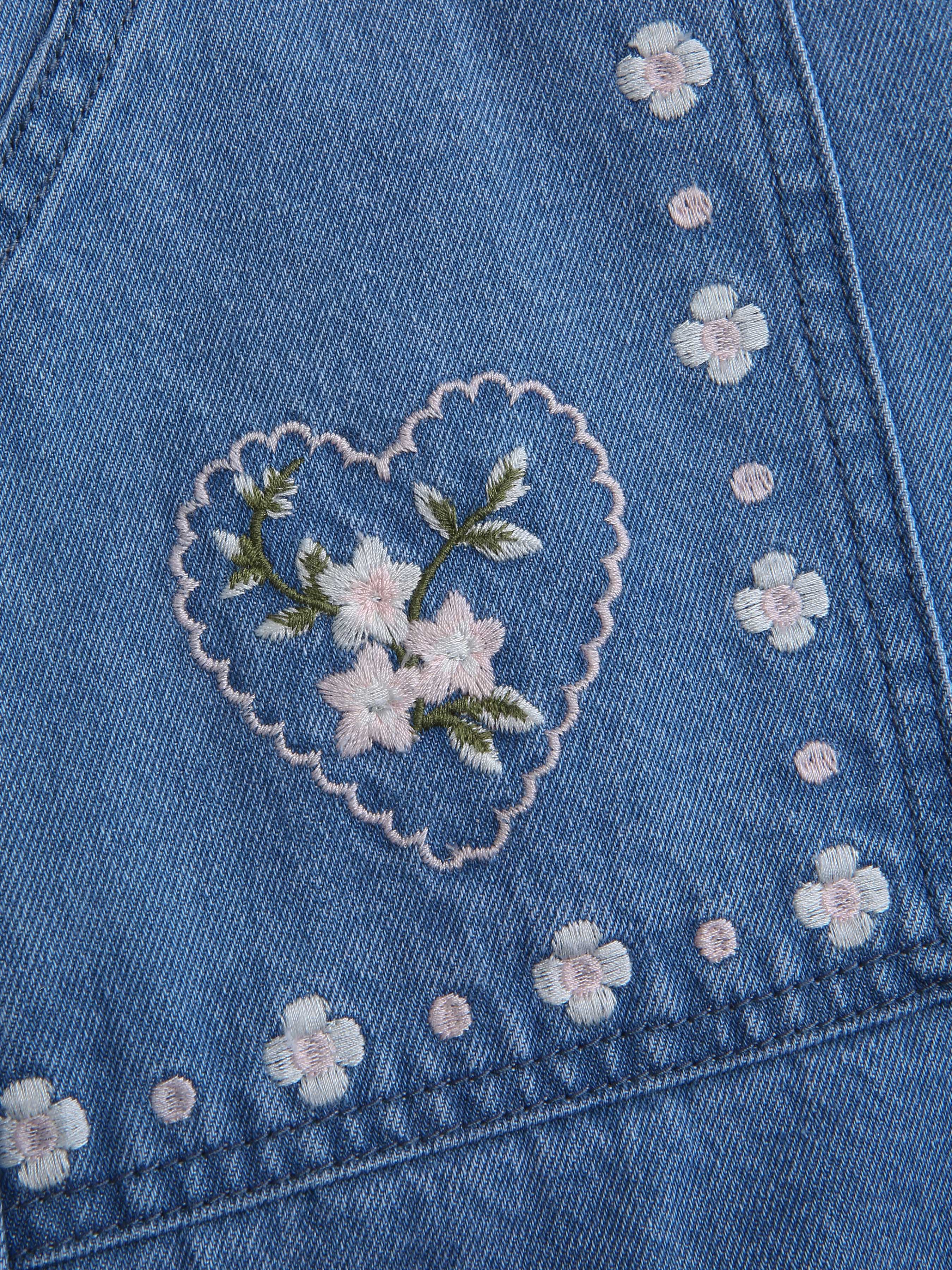 Heart & Floral Embroidery Denim Shorts - Cider